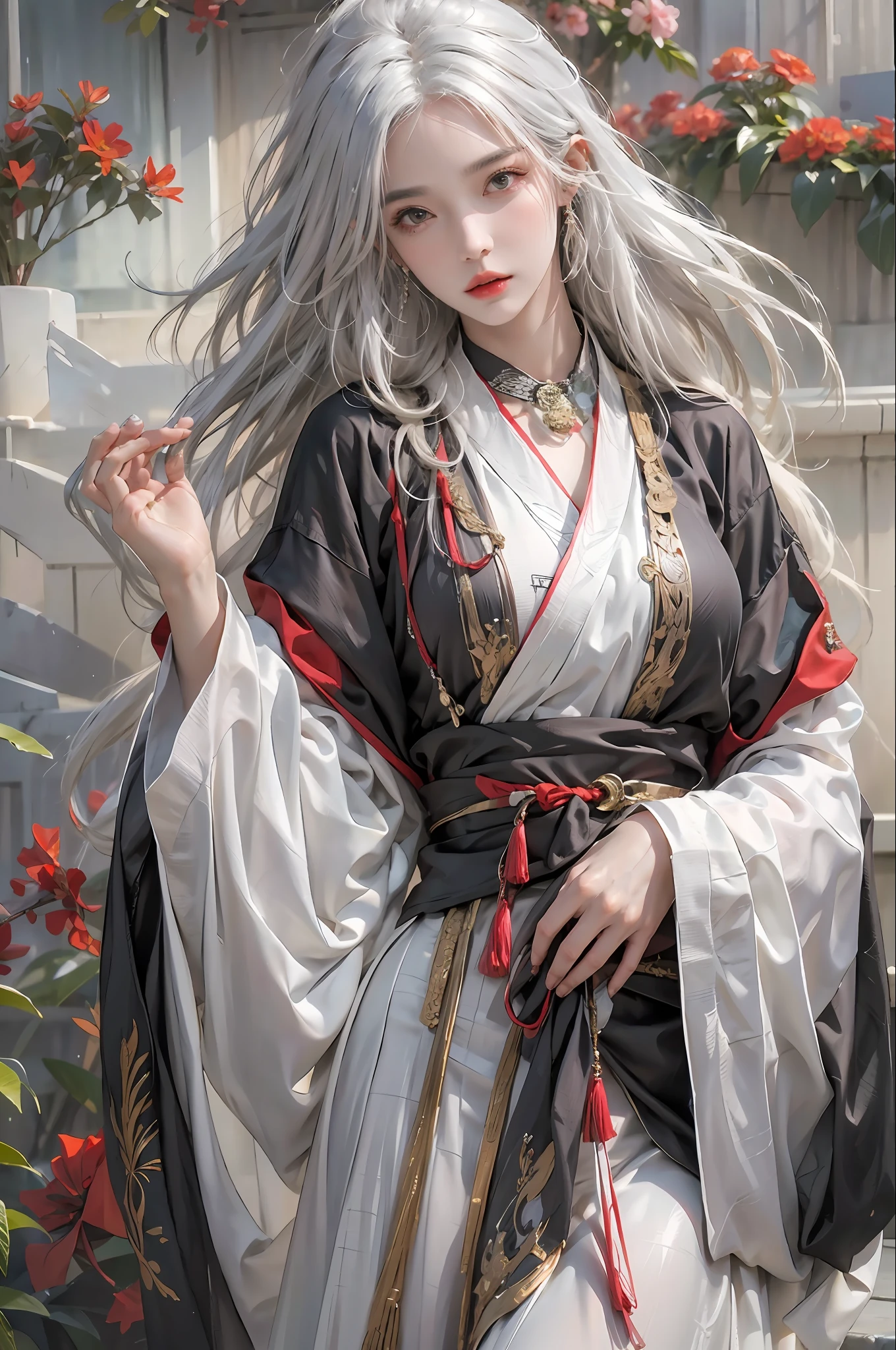 photorealistic, high resolution, 1women, solo, hips up, look at viewer, (detailed face), white hair, long hair, Taoist robe,oversized clothes, jewelry, midjourney portrait