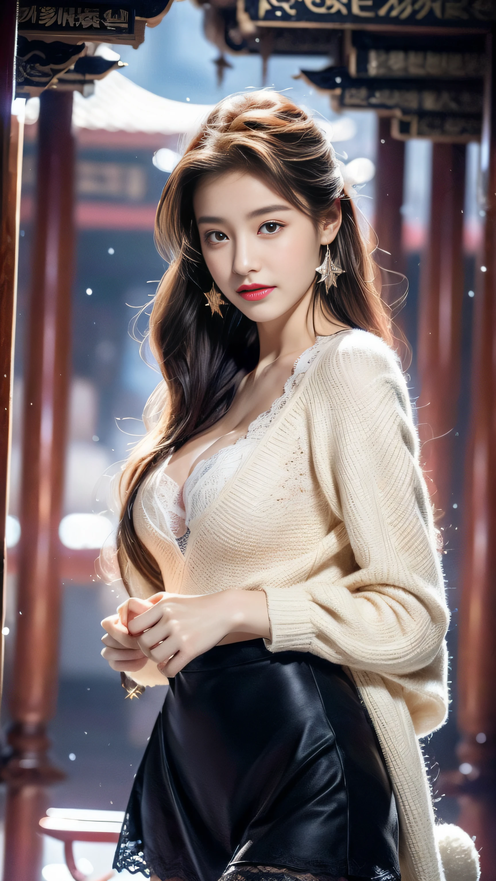((best qualtiy,tmasterpiece,超高分辨率)),(realisticlying:1.4),(Korean star poster-like),1girll,From head to knees,Dynamic posture,adult face,Slim,(ssmile),(shiny skins),(contours,frontage,Twilight),whaite hair,long whitr hair,黑The eye,(big cleavage breasts),Top fashion,((White plush coat)),Lace,(short skirt),(Heavy snow:1.5,Chinese-style pavilion),(Clear eyes),(Clear nose),(Clear lips),(Fair skin),(Ultra-realistic textile textures)