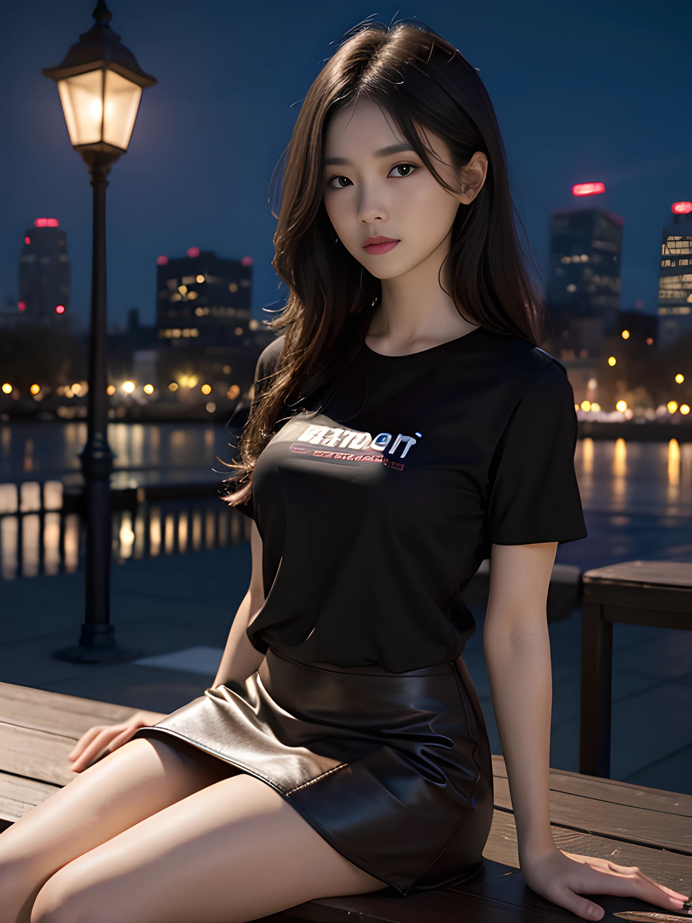 ((midynight, Acura, 8K, tmasterpiece: 1.3)), full bodyesbian, long leges, Focalors: 1.2, perfect figure beautiful woman: 1.4, Slim abs: 1.1, (dark brown hair,: 1.2 )), (tight tshirt, short skirt,sitting on a stool: 1.2), (city night scene, the roof: 1.3)), Highly Detailed Face and Skin Textur, detailedeyes, 二重まぶた,