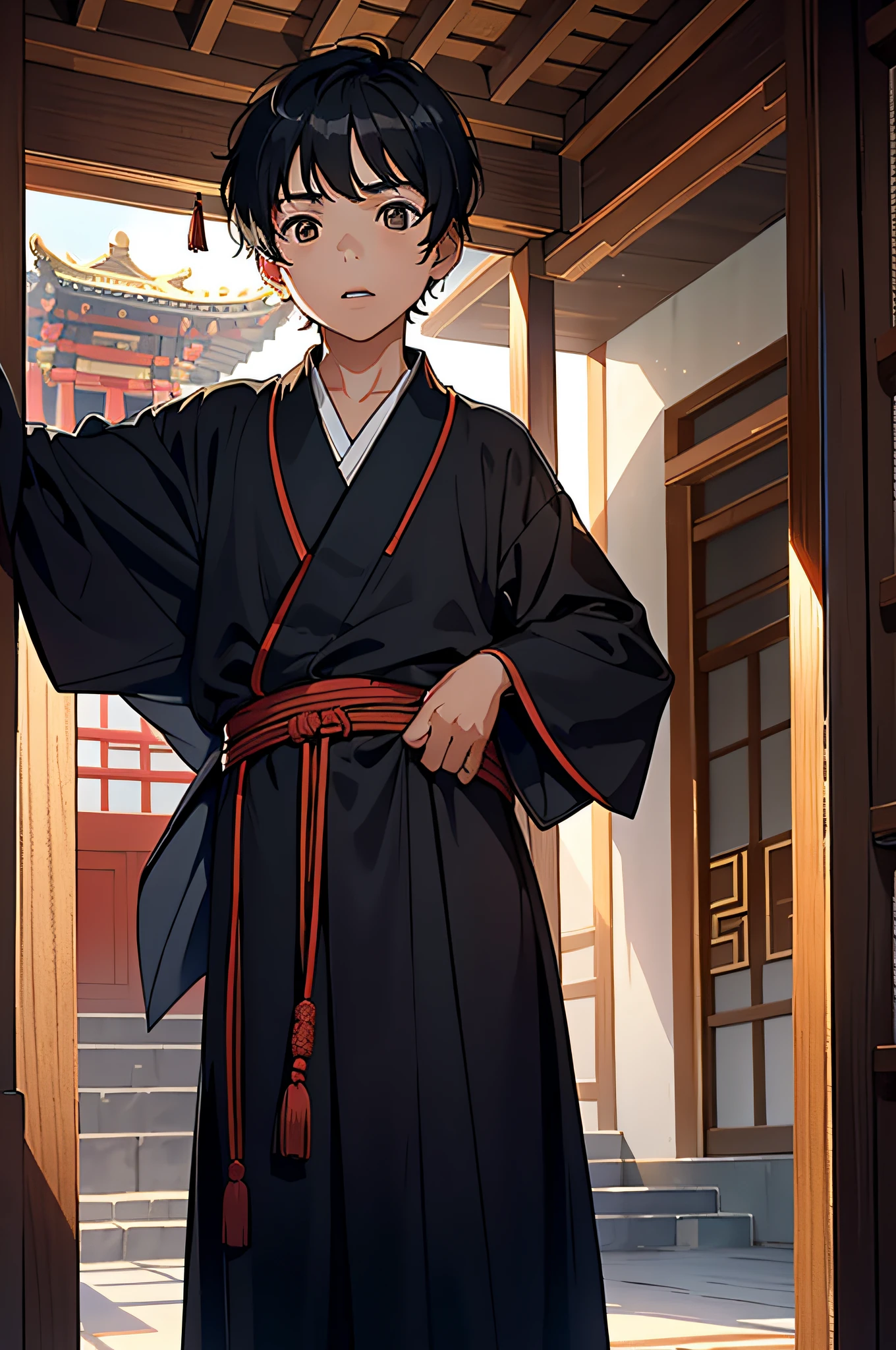A ten-year-old boy with short black hair wearing a Taoist robe stood in the temple with his mouth wide open
