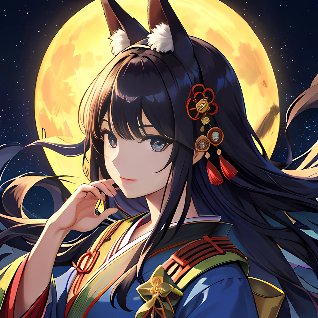 (absurdres, highres, ultra detailed), close-up of face, emphasis on face, focus on face, one woman, mature woman, aged, long straight hair, shiny beautiful hair, blue eyes, bangs, long sleeves, finely drawn eyes and detailed face, eye highlights, hands without breaks, rich Lighting, Highly detailed CG unified 8K wallpaper, Intricate details, Portrait, Gazing, Solo, Half shot, Fine drawn face, Soft smile, Dynamic pose, Classical period, (Ancient Japanese themed: 1.1), Japanese mythology, Fox ears, Japanese people, ruler, Blue kimono Japanese, Floral kimono, Ancient theme, (Prosperous Civilization: 1.1), Moon in background, (Immaculate: 1.1) shrine, Torii gate, Japanese landscape, Ancient city in background, Fox mask on head, Fantastic, dreamy, dancing lights, lantern, Austere, Night, Darkness, Stars, Portrait, Cinematic lighting