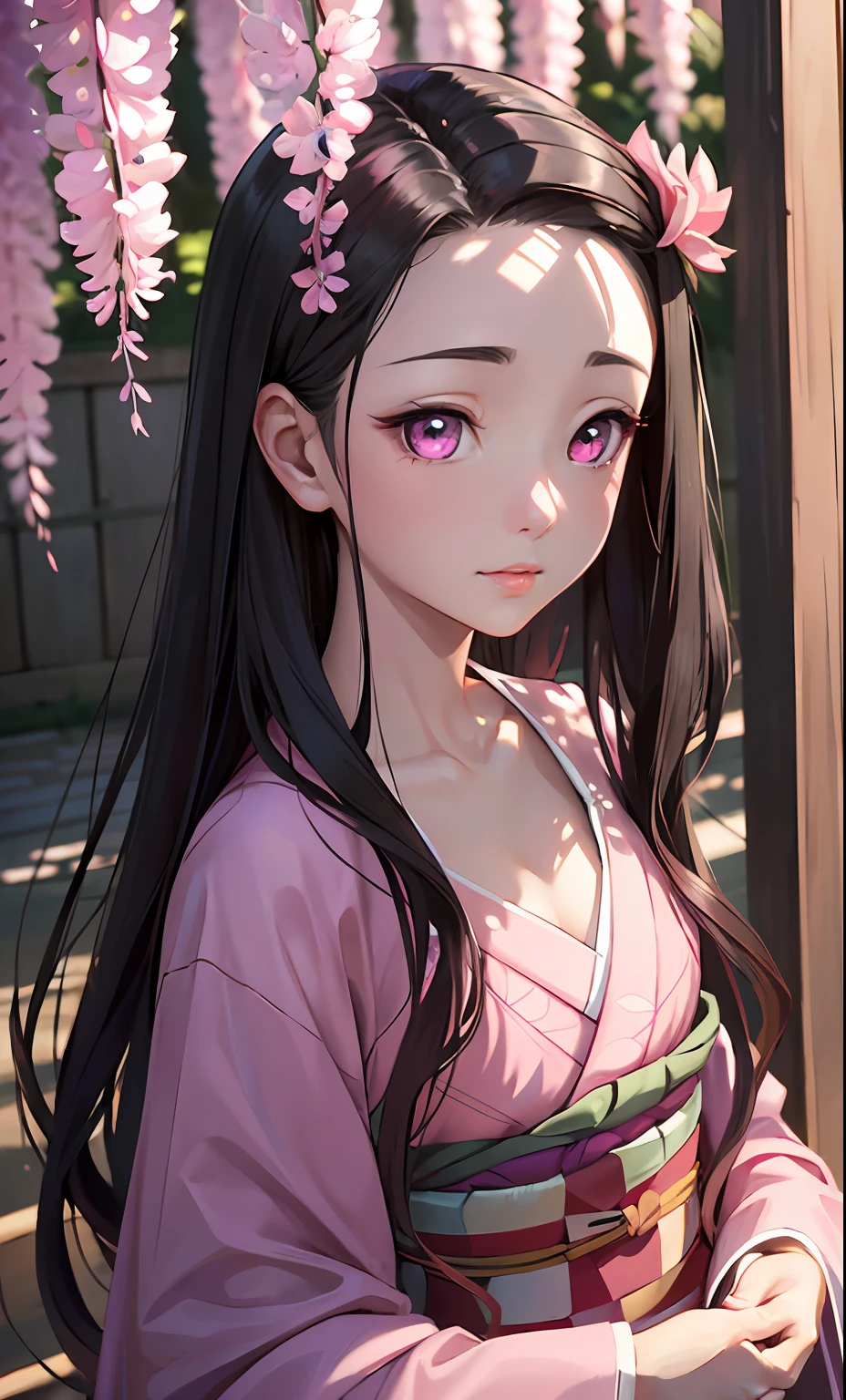 masterpiece, (pink kimono), seductive face, good lighting, décolleté, small details, masterpiece, glowing eyes, 1girl, black hair, on face, Nezuko Kamado, wisteria background, masterpiece, best quality, POV, erotica