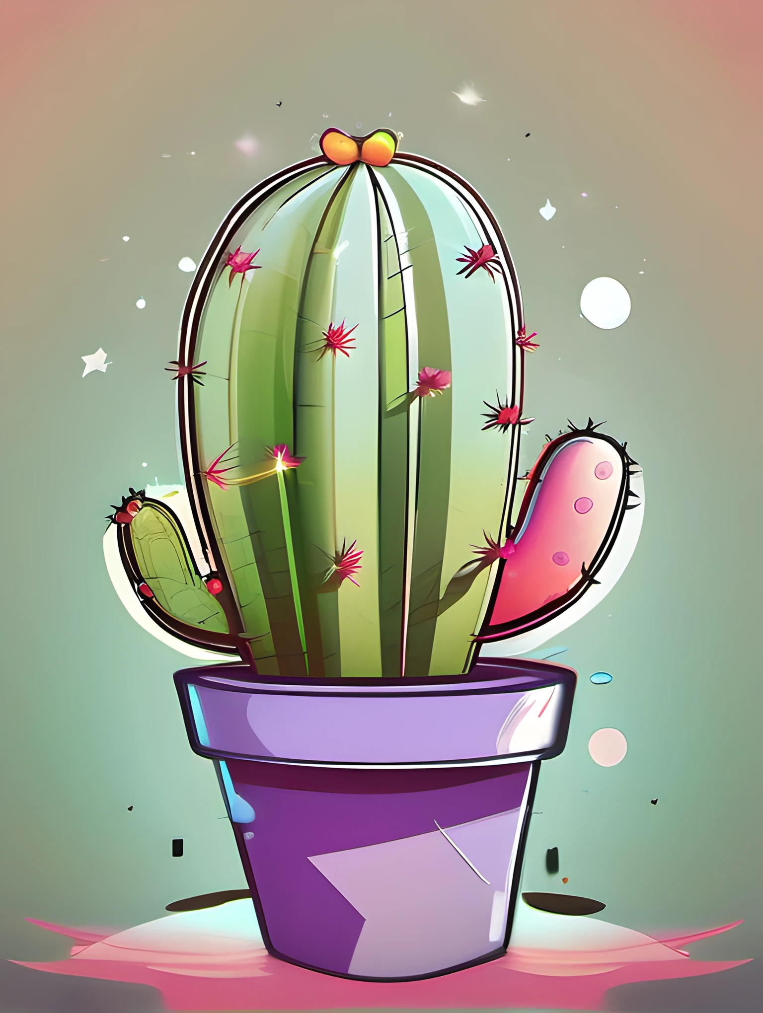 Illustration of Cactus, cute character, magic, fantasy, clear background, abstract splash background, t-shirt design, vector art