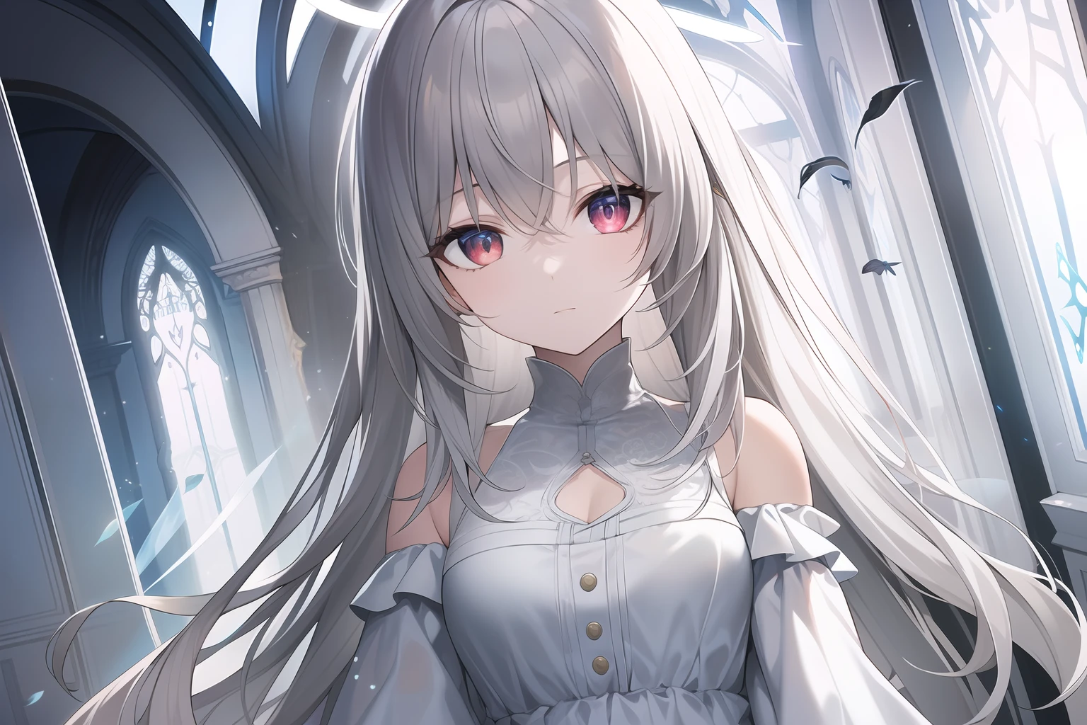 ((Masterpiece, Best quality))++, Detailed light+, Detail hair+, detail hand+ ,1girll, woman, Long hair, dark red eye, Beautiful eyes, Young gray hair,,(Beautiful white hair:1.5),(Beautiful detailed eyes), high resolution+, The shirt , White skirt, Glass tones, Reflective eyes, ((Halo)), {{Angle}} , extremelydetailedwallpaper, Original, butterflys,extreme light