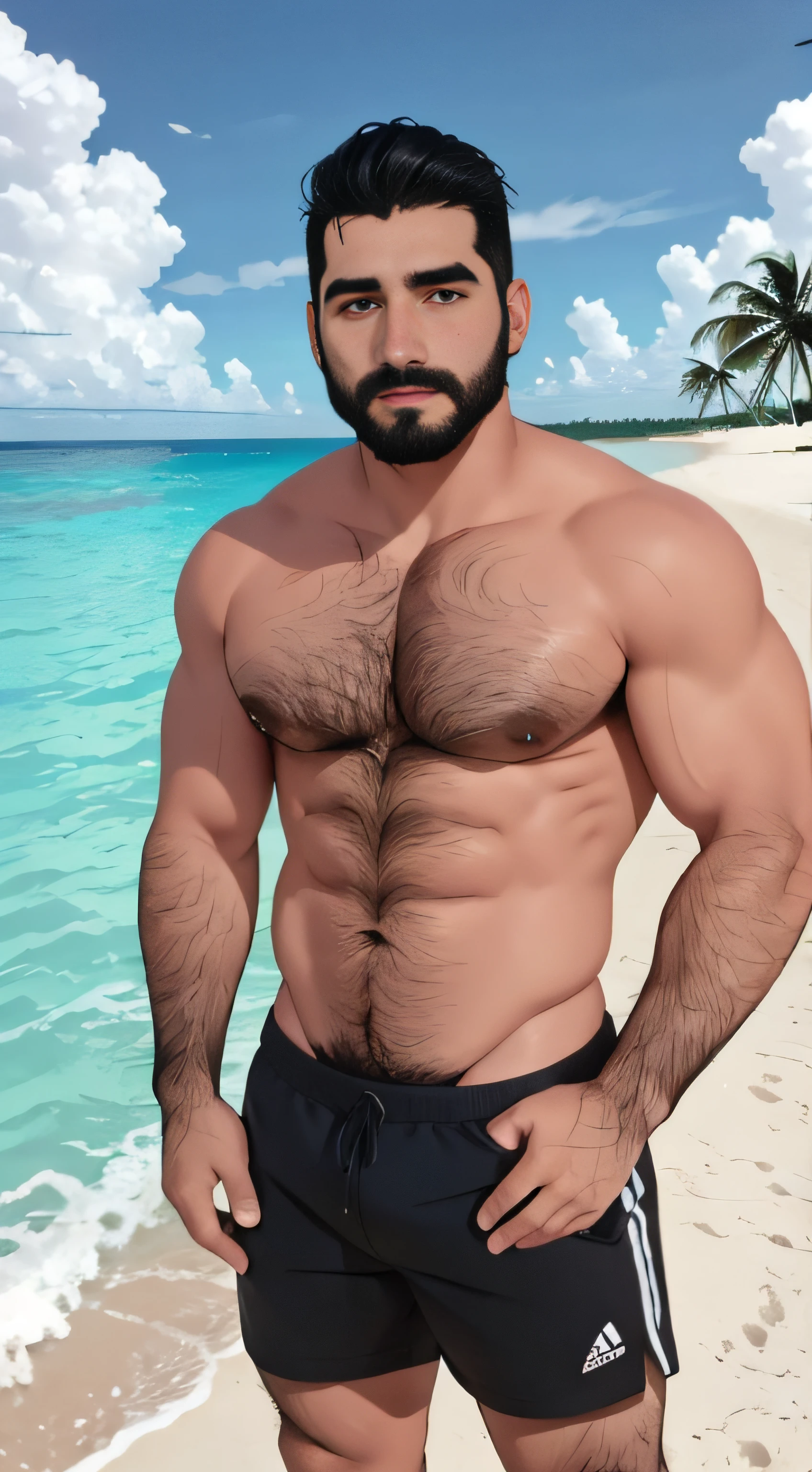 barbado, Shirtless man standing in front of a Cancún beach, Super buff y cool, pecho peludo y cuerpo peludo, pecho peludo, Pelo en el pecho, 30 years old man :: atletic, pecho peludo desnudo, vello escaso en el pecho, cuerpos peludos, torso peludo parcialmente masculino, inspirado por Maluma, extremadamente flaco