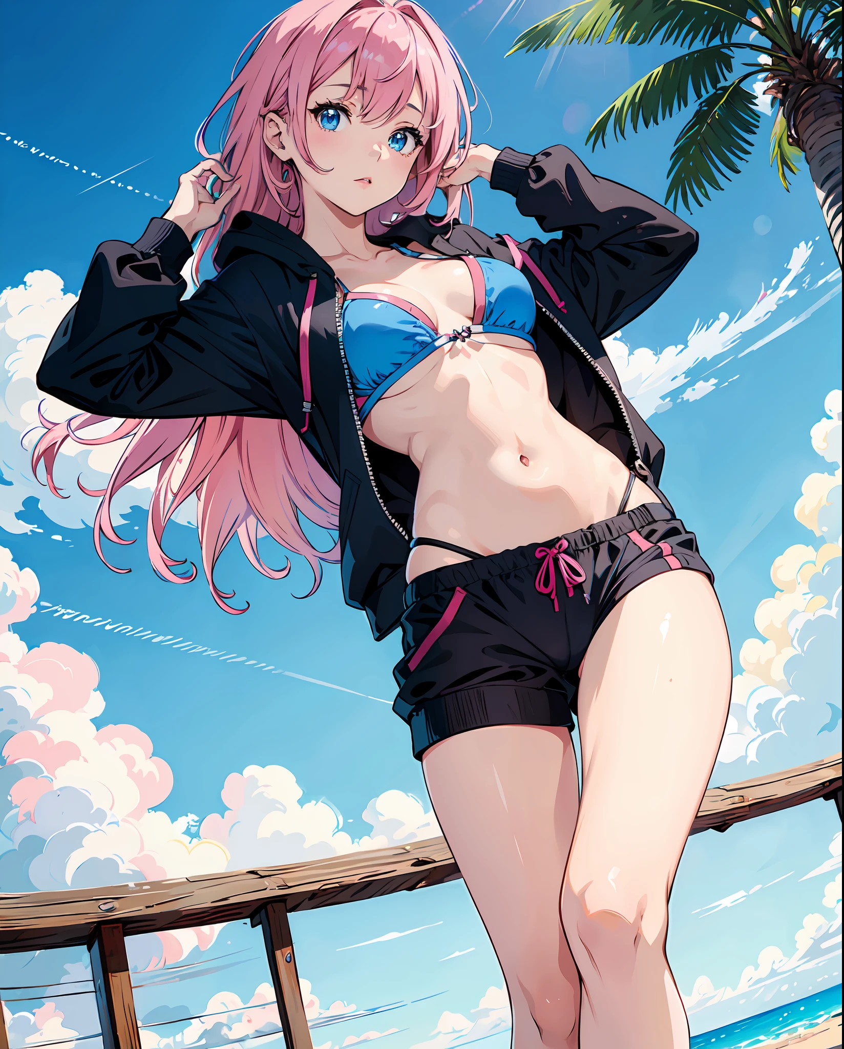 (masterpiece, best quality), beautiful girl, bikini, open hoodie (detailed beautiful eyes) underwear, full body shot, visible bellybutton, pink hair, blue eyes, black