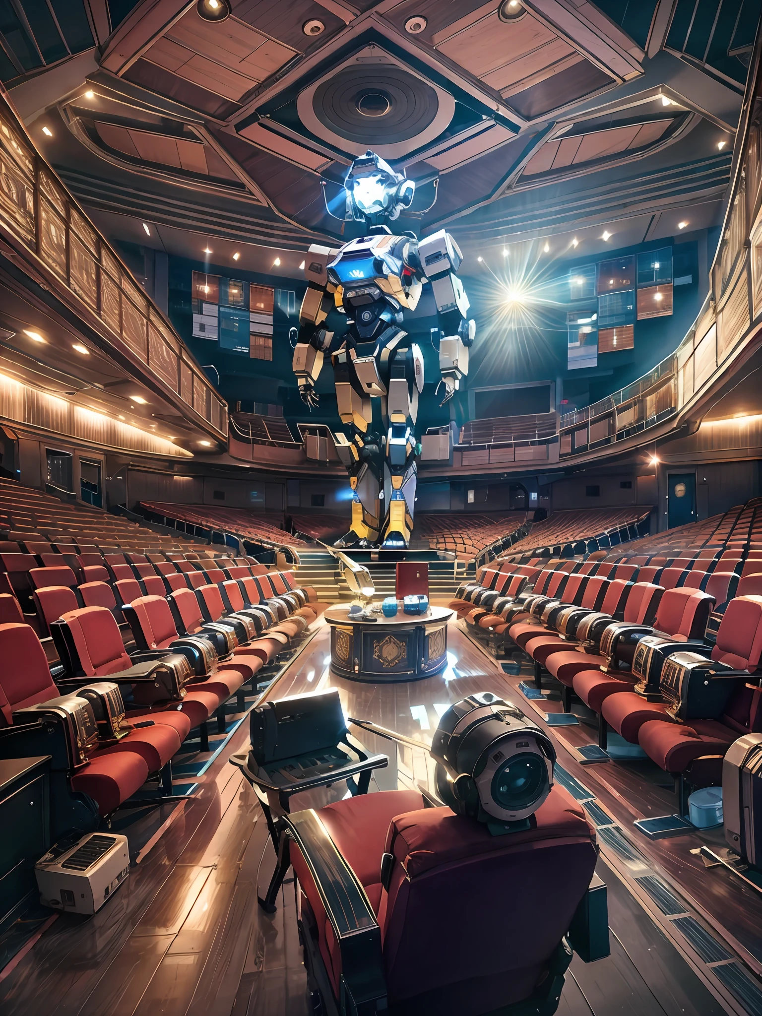 There is an inside view of an auditorium with magnificent chairs sofas. There is mesmerizing view of lights. Light bulbs on the roof. There is a stage on which humanoid robot standing. There is AC and projector