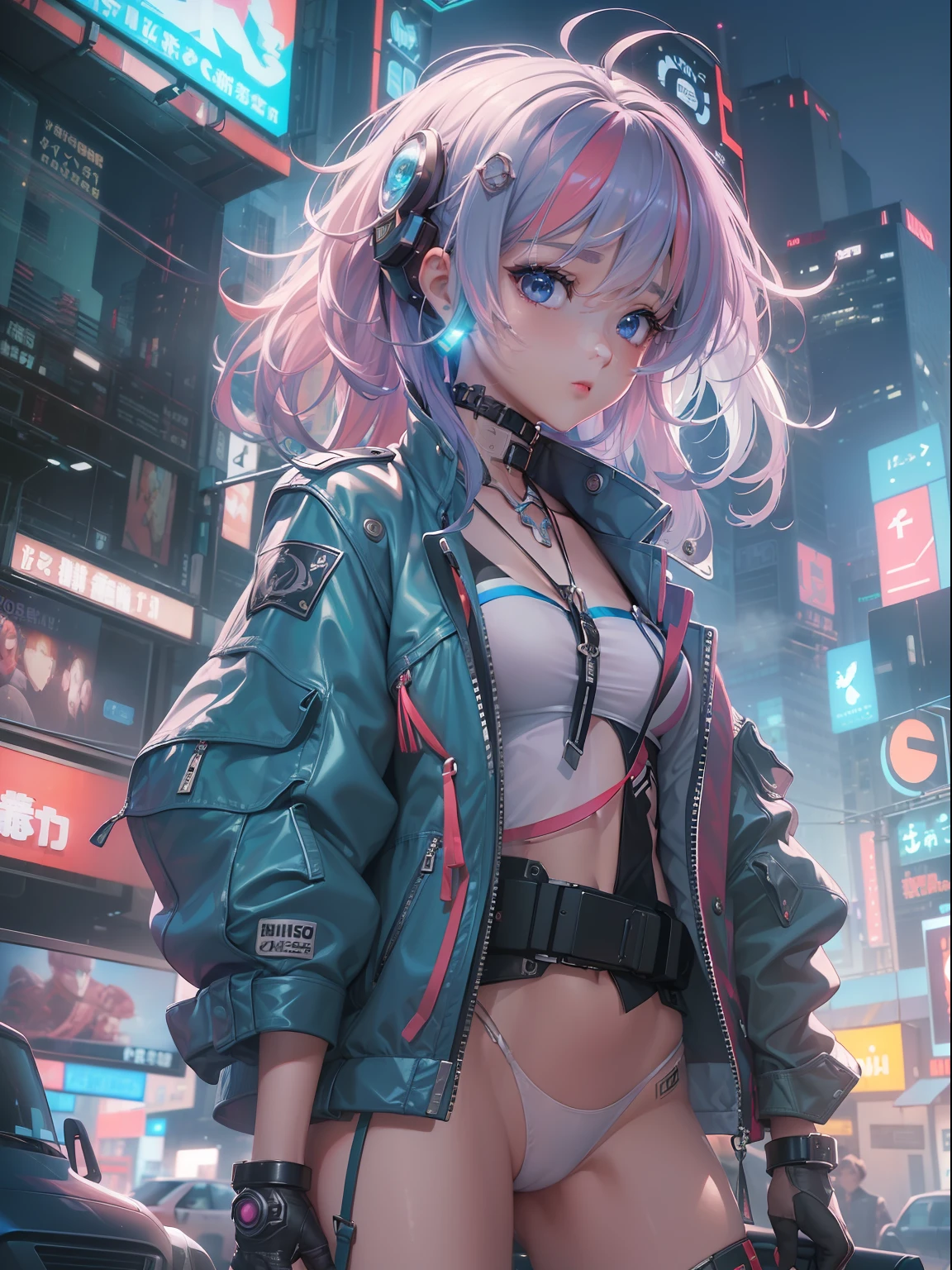 (((masterpiece)))、(((top-quality)))、((ultra-definition))、(High Definition CG Illustration)、((extremely delicate and beautiful))、City of the Future、Cinematic Light、独奏、full body Esbian、cyberpunked、2040s、animesque、dreamy cyberpunk girl、rainbow hair、Christian Dior Style、trending on artstationh、Rachel Walker、