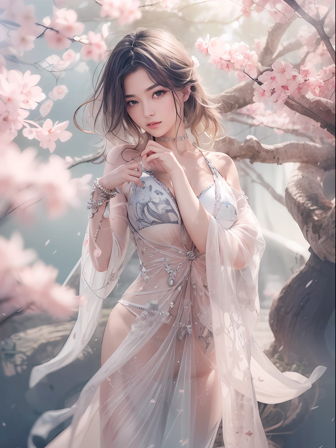 loose outfit、Show shoulders、How to wear a gown with a broken see-through halter neck、Decorated with intricate patterns and pastel colors、Transparent material that makes the skin shine、Artistic depiction of seductive woman in gown with wet thin cloth and transparent skin, Floral and fantastic pattern with flowing silky traditional see-through skin。Her dress draped elegantly around her curvaceous figure、Emphasizes her charming silhouette。She's a gentle fireworks night、Dynamic Posing、Sexy Posing、bathed in the soft glow of moonlight。The scene is、With a hint of mystery and sensuality、It exudes an ethereal dreamy atmosphere。The image style is、It incorporates a blend of watercolor and digital illustration techniques.、It makes you feel delicate beauty and charm。Soft moonlit lighting、Cast gentle highlights and shadows on her mesmerizing features。Dynamic Posing、Bold poses、The hand is somewhere、see -through、show through、A sexy、Wet hair、Wet、cherry trees、flower petals、cherryblossom、The cherry tree、Sakura blizzard、buried、Transparent skin、Wet clothes、Chest Pulling、Translucent clothes、Eau、nudde、