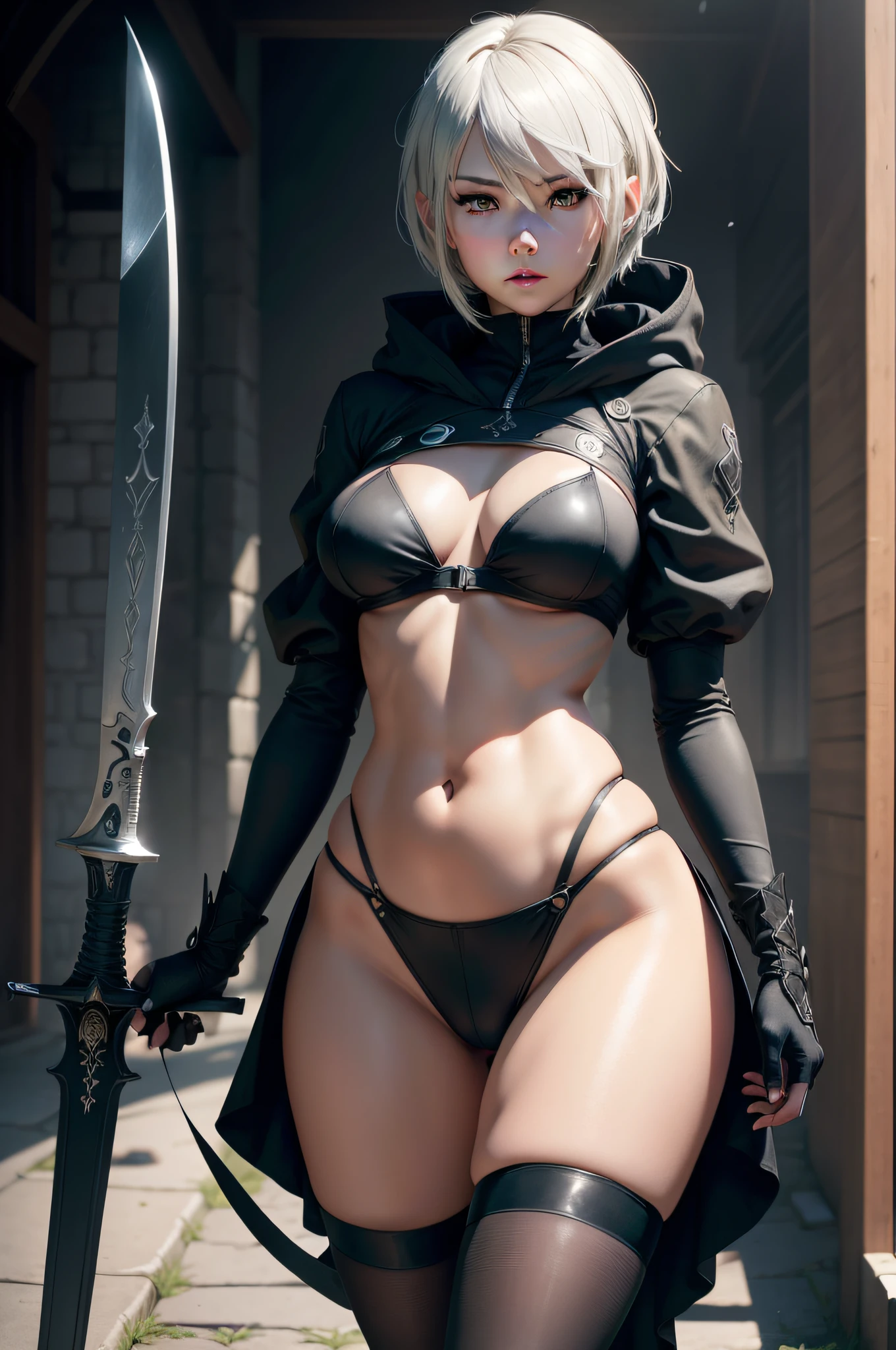 (((8k,best qualtiy,masterpiece1.4,hyper-detailing)))(Girl with sword and hoodie in urban environment), Natural breasts:1.0, (Slim waistline, Hip circumference:1.0, pelvis:1.0), (full bodyesbian,depth of fields), (slenderlegs), wet with oil:1.4, ((Detailed beautiful face)), (perfect eyes, Detailed eyes), (detailedfacialfeatures), beautiful and clear eyes, detail eye pupil, Gloss on lips, (eyeslashes:1.4), detailed hairs, (((Crisp short hair))), The sheen, perfect hand, Tightened,(The perfect sword ),Deny automata, 2 b from nier automata, 2b from nier automata, Neil 2 B, nier autoamata, 2b, 2 b, nier, Extremely detailed Artgerm, nier automata, by Yang J, nier:automata inspired, nier : automata inspired