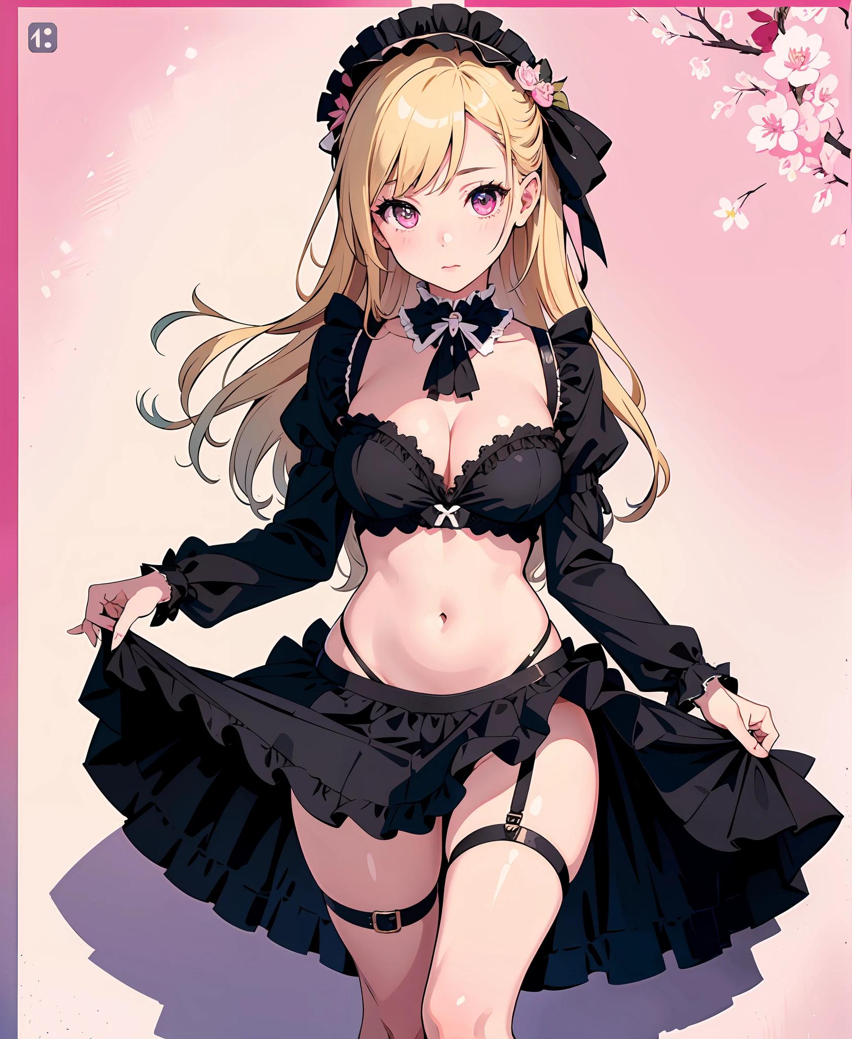 (masterpiece, best quality), 1girl, solo, beautiful girl, french maid costume, black heels, (detailed beautiful eyes) full body shot, visible bellybutton, blonde hair, pink