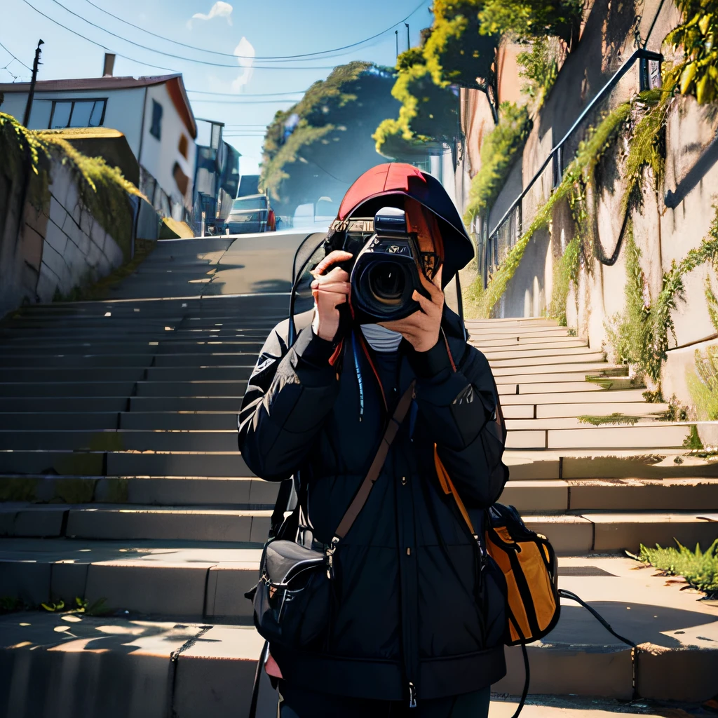 The reporter's camera went up the stairs up the hill to focus on the camera