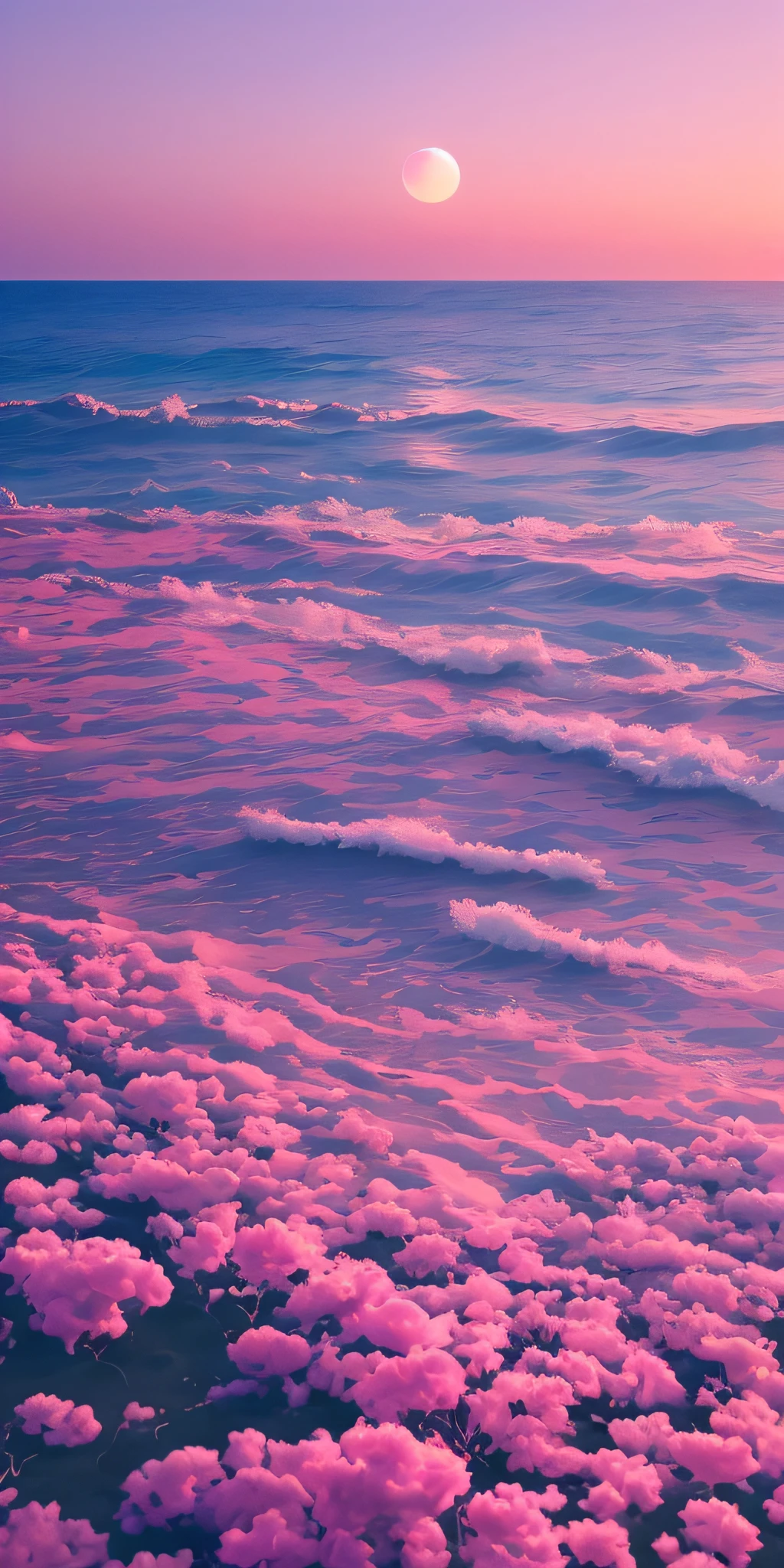 late sunset,Purple flowers grow on the beach, fluffy pink anime clouds, Pink clouds, cotton candy cloud, looking out at a pink ocean, vaporwave surreal ocean, vaporwave ocean, clouds and waves, clouds、Wings and waves, pink clouds in the sky, dramatic pink clouds, liquid clouds, pink clouds background, Pink sunset, Glowing clouds, pink skies