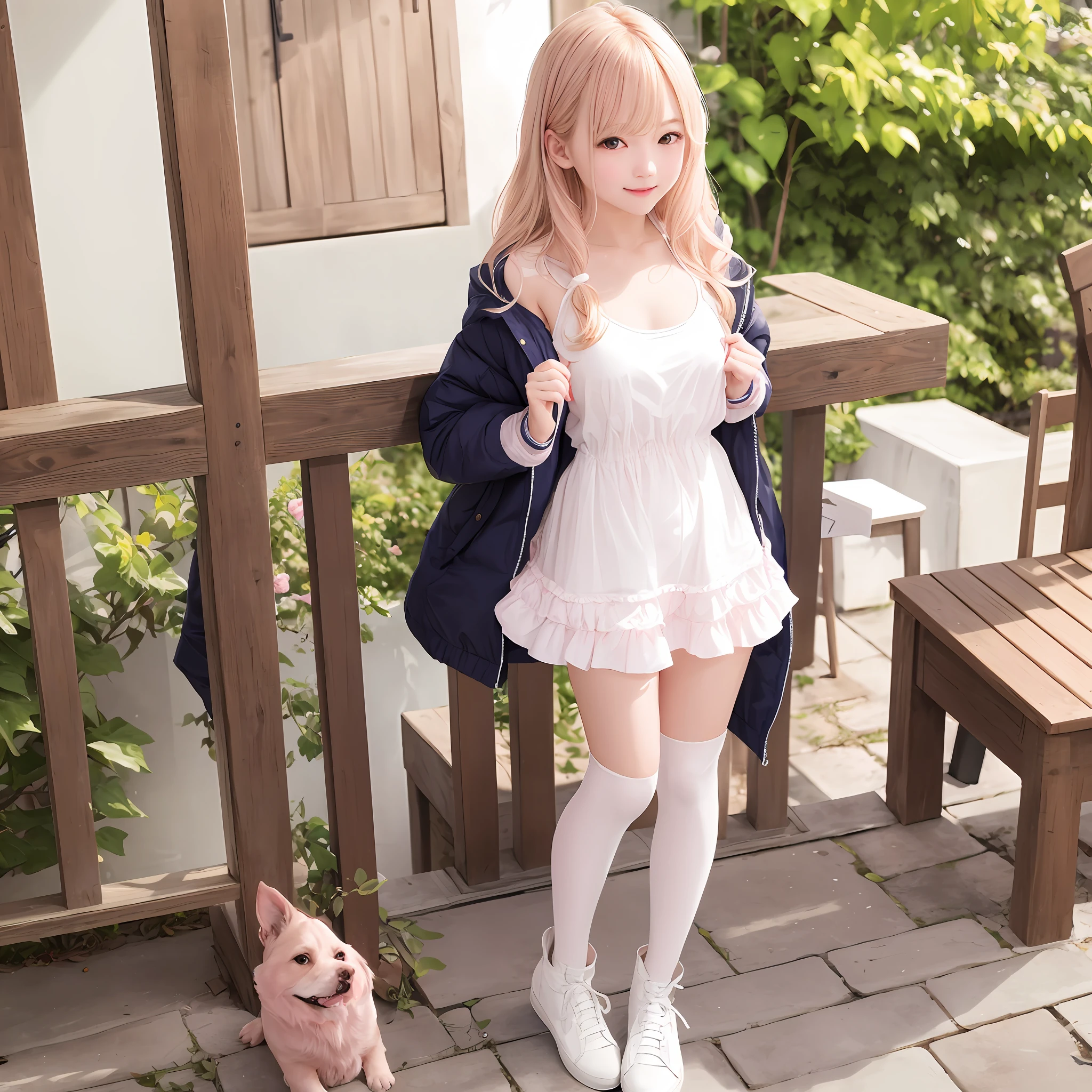 top-quality、ultra-detailliert、ighly detailed、realisitic、(​masterpiece:1.1)、hightquality、(Hi-Res)、femele、idol、22year old、a smile、embarrassed from、red blush、thin、pale-skinned、bright blond hair、hair wavy、Medium hair、(parka、\(see -through\)skirt by the)、NSFW、small tits、pink panties、panthyhose、White knee-high、cleavage of the breast