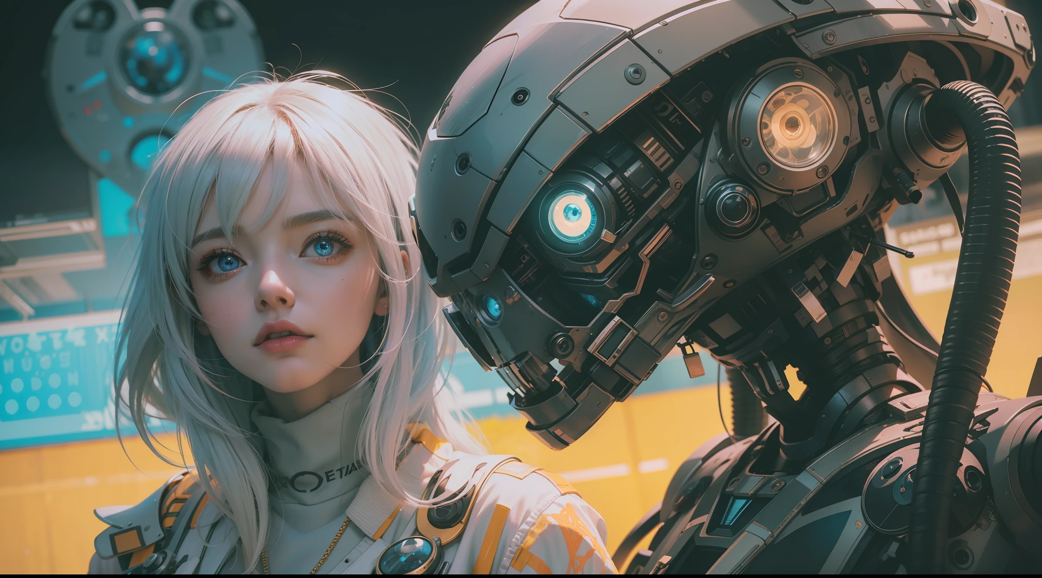 (best qualtiy,ultra - detailed,Best Illustration,Best shadow,masterpiece,A high resolution,professionalartwork,famous artwork),sci-fi,It depicts a young couple wearing colored sclera and a huge alien big cute with robot eyes, by Makoto Shinkai,by Artgerm,by wlop,by Greg Rutkowski,Volumetric lighting,octane render,4K,Trending on ArtStation,masterpiece