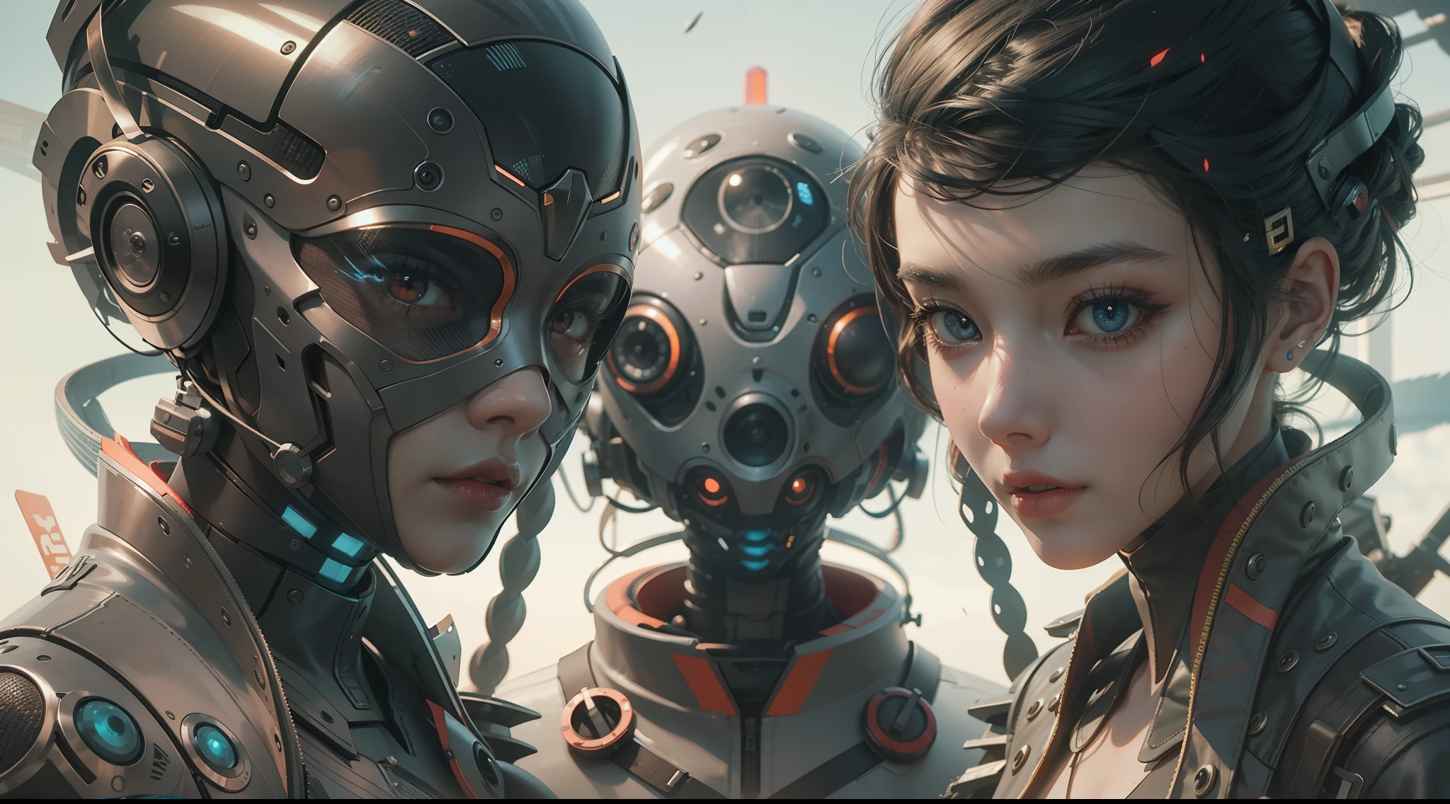 (best qualtiy,ultra - detailed,Best Illustration,Best shadow,masterpiece,A high resolution,professionalartwork,famous artwork),sci-fi,It depicts a young couple wearing colored sclera and a huge alien big cute with robot eyes, by Makoto Shinkai,by Artgerm,by wlop,by Greg Rutkowski,Volumetric lighting,octane render,4K,Trending on ArtStation,masterpiece