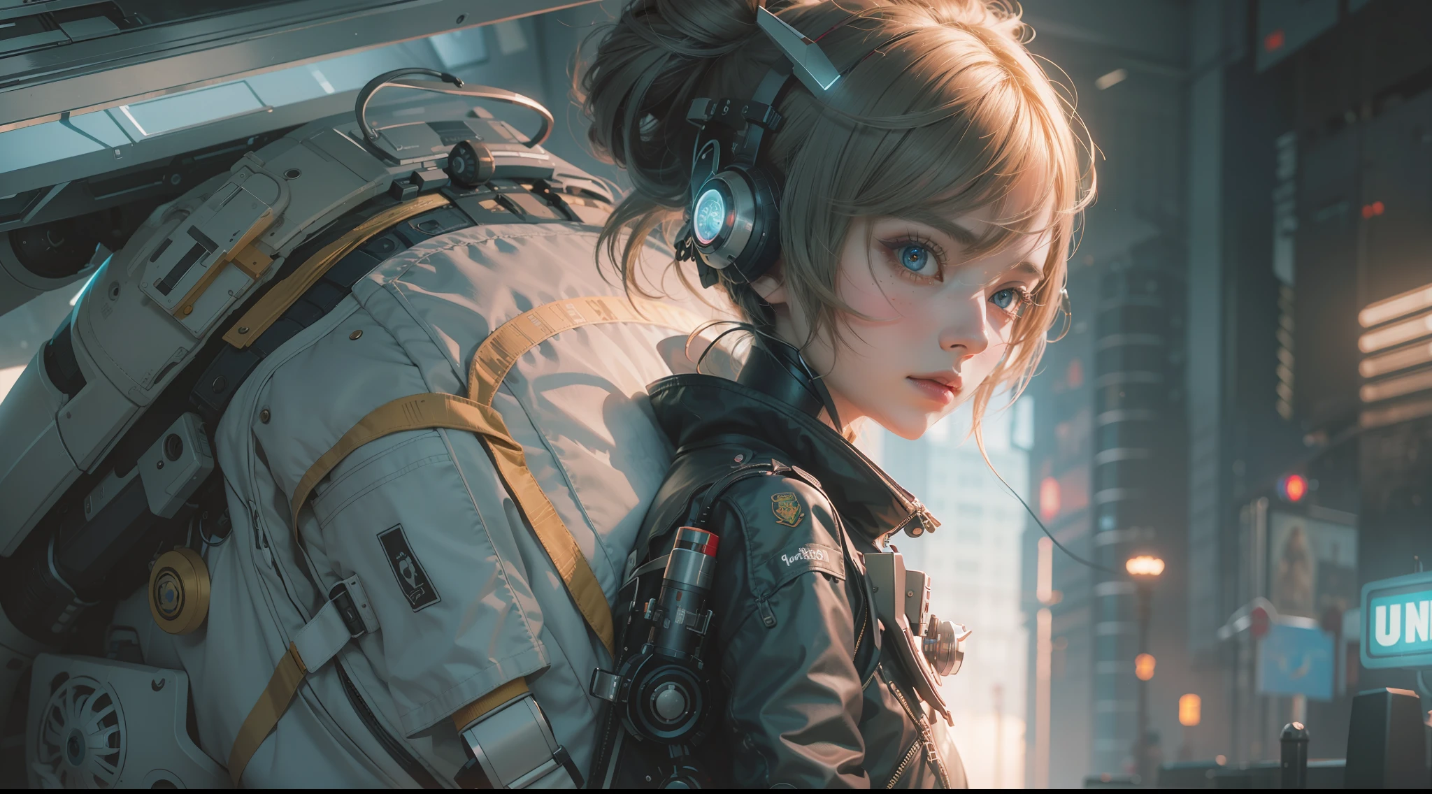 (best qualtiy,ultra - detailed,Best Illustration,Best shadow,masterpiece,A high resolution,professionalartwork,famous artwork),sci-fi,It depicts a young couple wearing colored sclera and a huge alien big cute with robot eyes, by Makoto Shinkai,by Artgerm,by wlop,by Greg Rutkowski,Volumetric lighting,octane render,4K,Trending on ArtStation,masterpiece