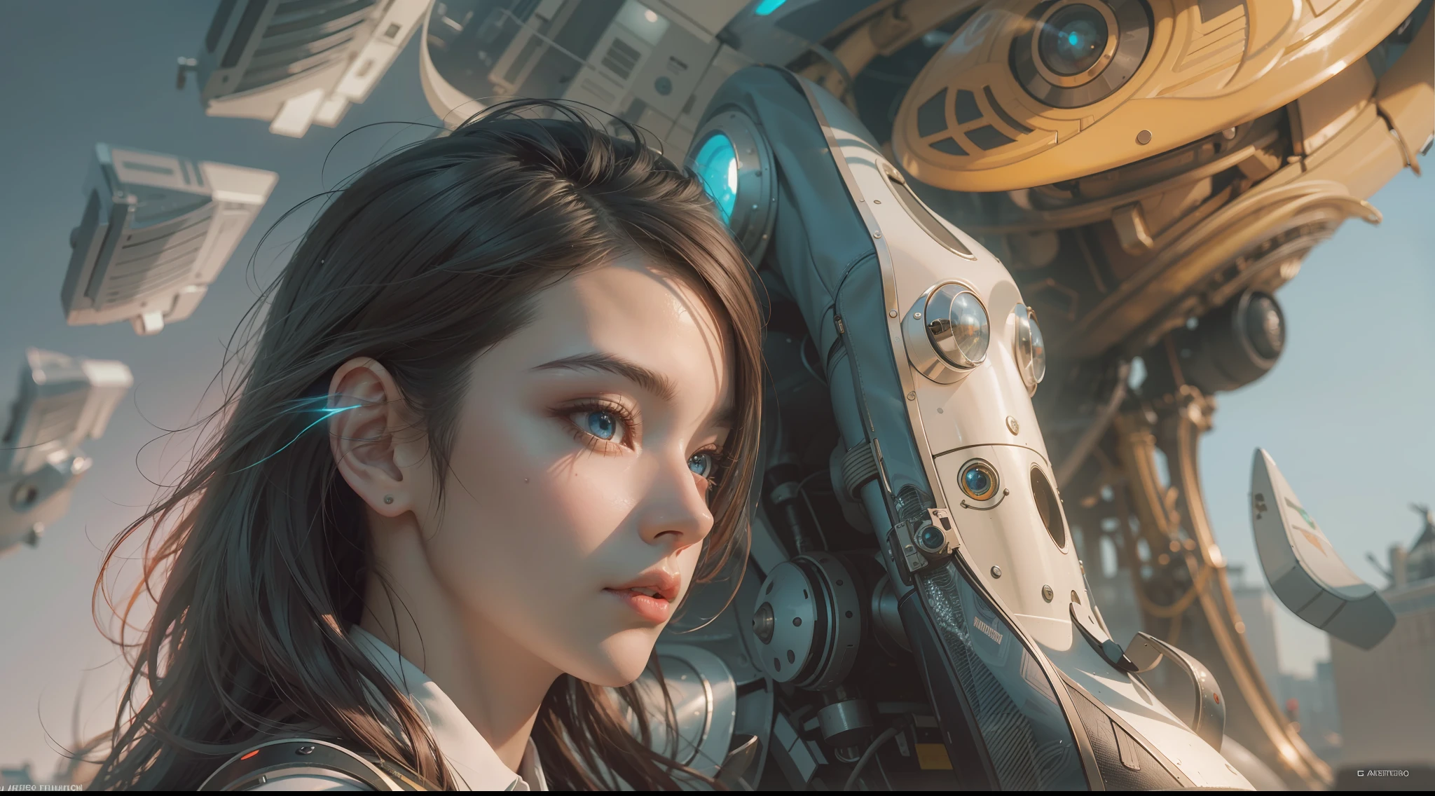 （best qualtiy，ultra - detailed，Best Illustration，Best shadow，masterpiece，A high resolution，professionalartwork，famous artwork），sci-fi，It depicts a young couple wearing colored sclera and a huge alien big cute with robot eyes， by Makoto Shinkai，by Artgerm，by wlop，by Greg Rutkowski，Volumetric lighting，octane render，4K，Trending on ArtStation，masterpiece