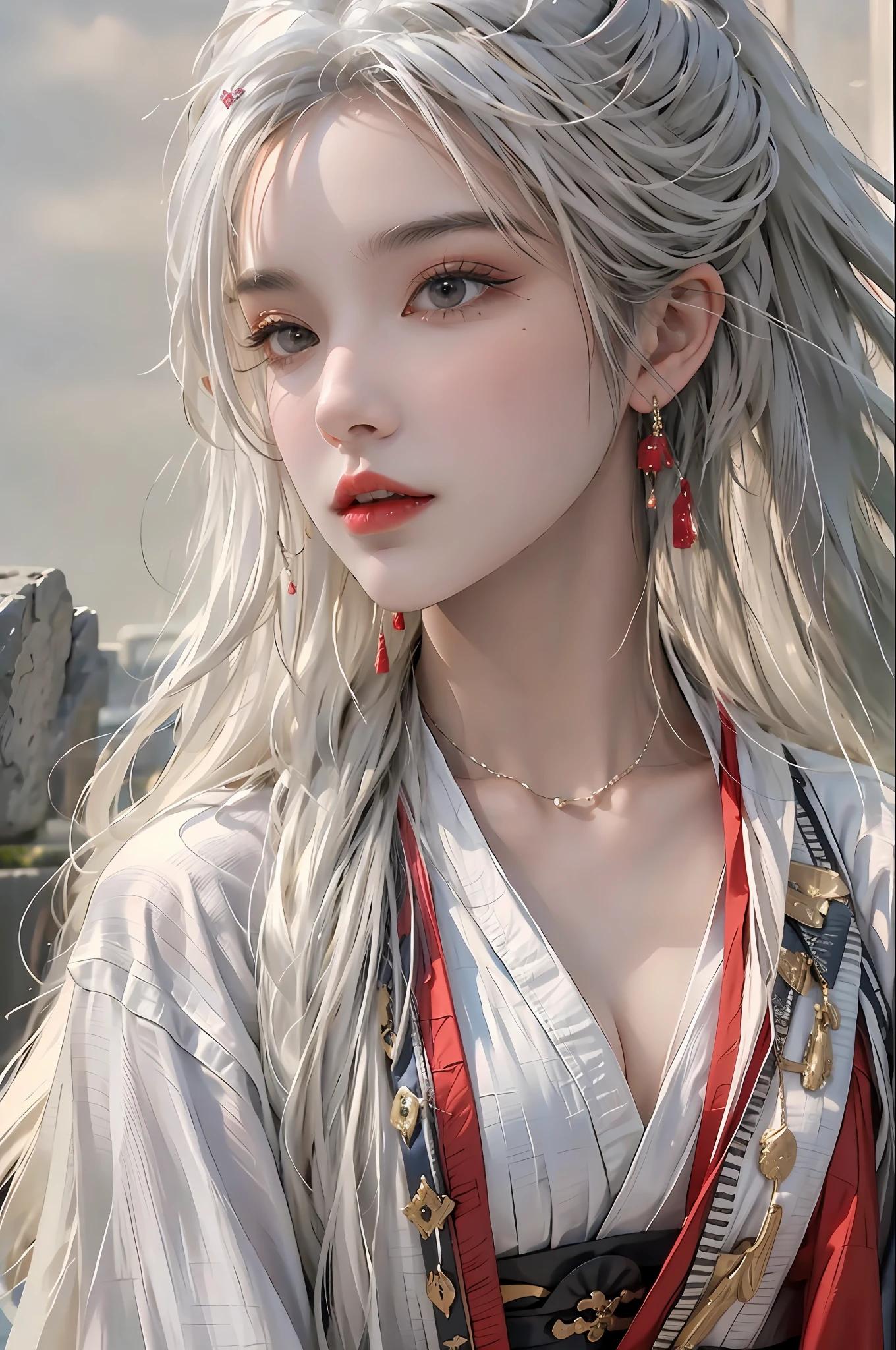 photorealistic, high resolution, 1women, solo, hips up, look at viewer, (detailed face), white hair, long hair, Taoist robe,oversized clothes, jewelry, midjourney portrait