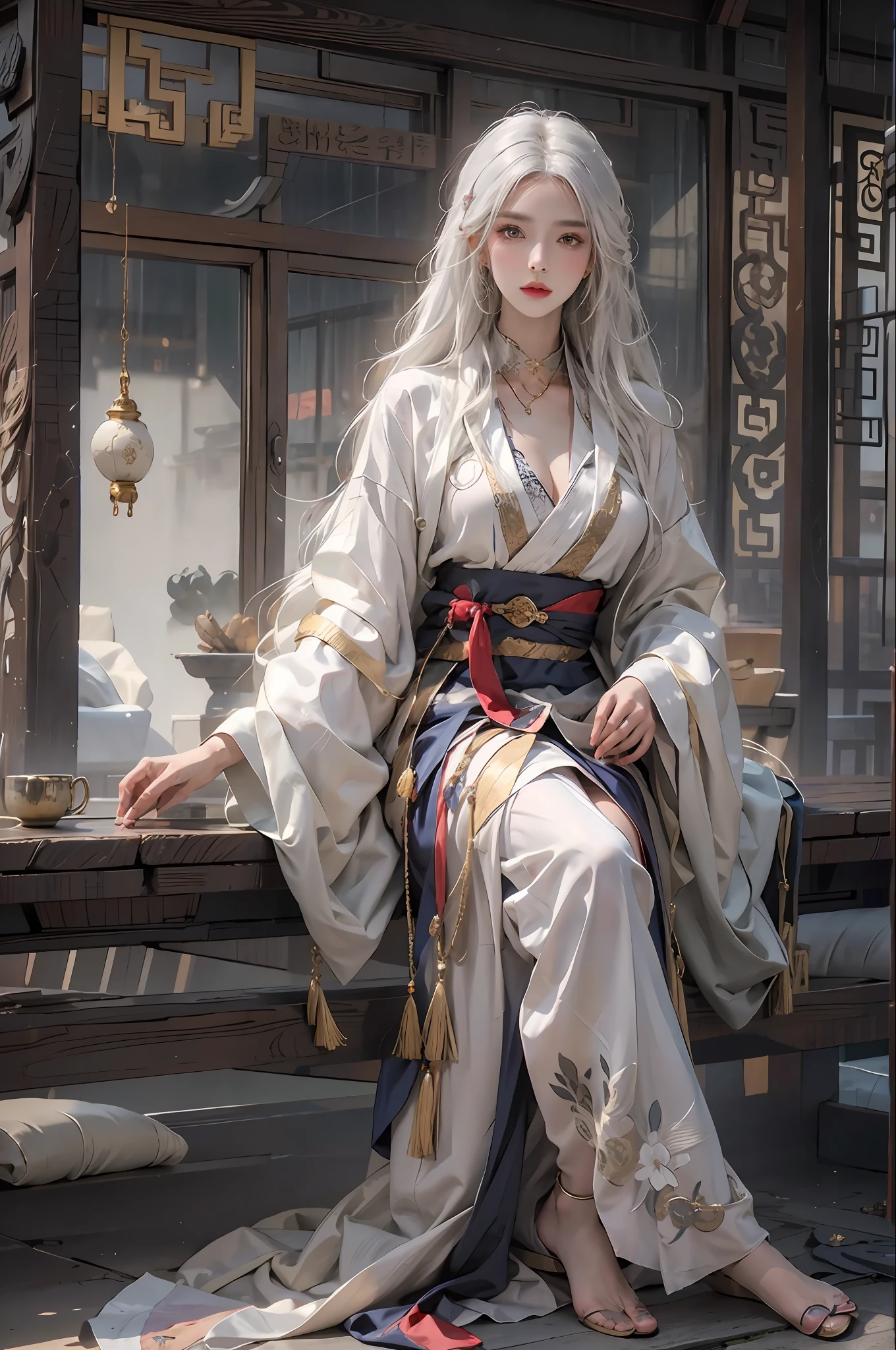photorealistic, high resolution, 1women, solo, hips up, look at viewer, (detailed face), white hair, long hair, Taoist robe,oversized clothes, jewelry, midjourney portrait