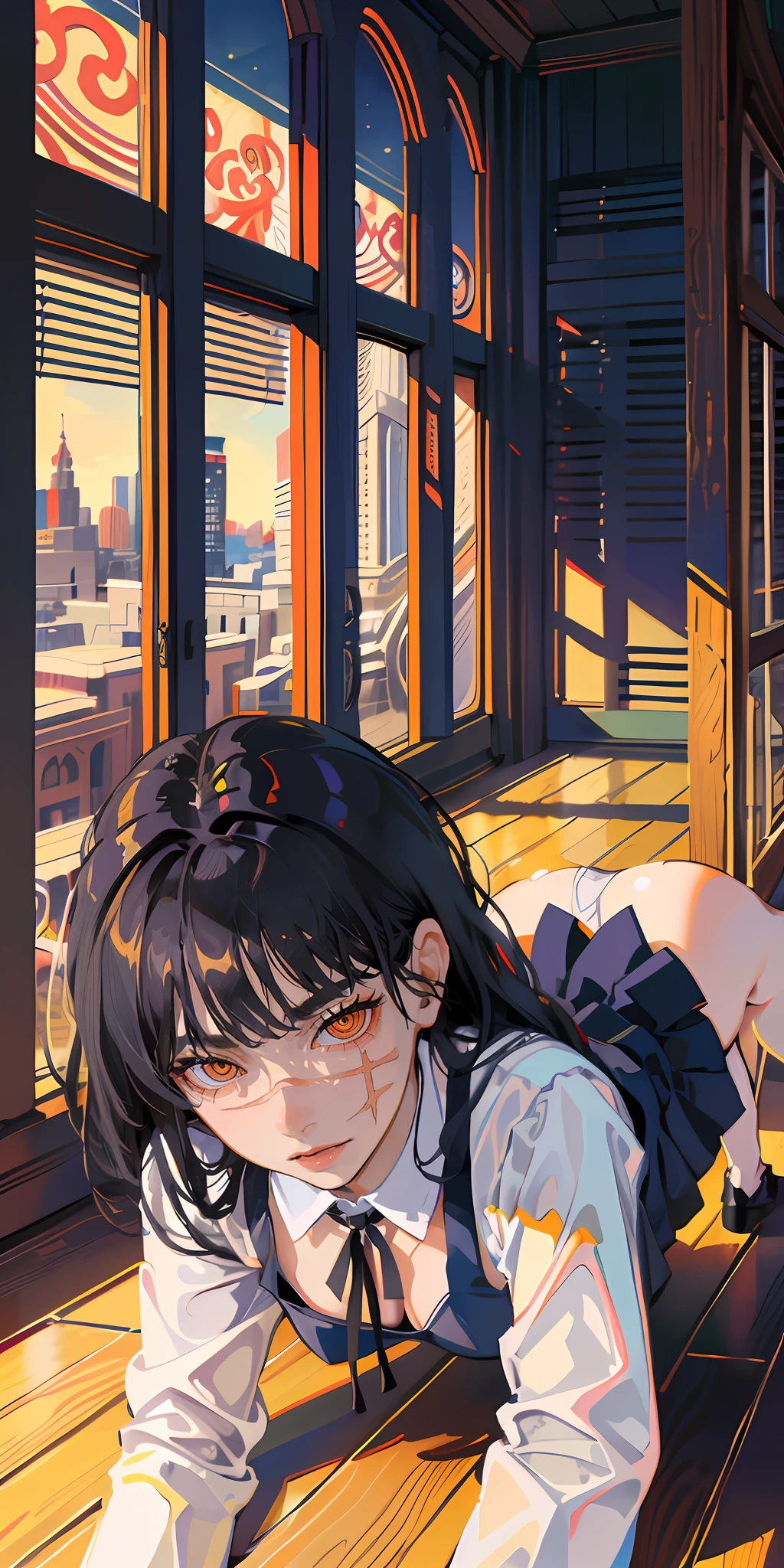 masterpiece, top quality, high resolution, solo, small, indoor, ((pinafore school dress)), shirt, long sleeves, ((black neck ribbon)), , ((perky breast)) T-back, ((on all fours)) , from below, teasing, on balcony, background: neon Tokyo, disheveled tight underwear, rough breath, panting, blush across nose and cheeks, sexual expression, yoru (chainsaw man) orange eyes (spiral eyes) cute curled feet, begging