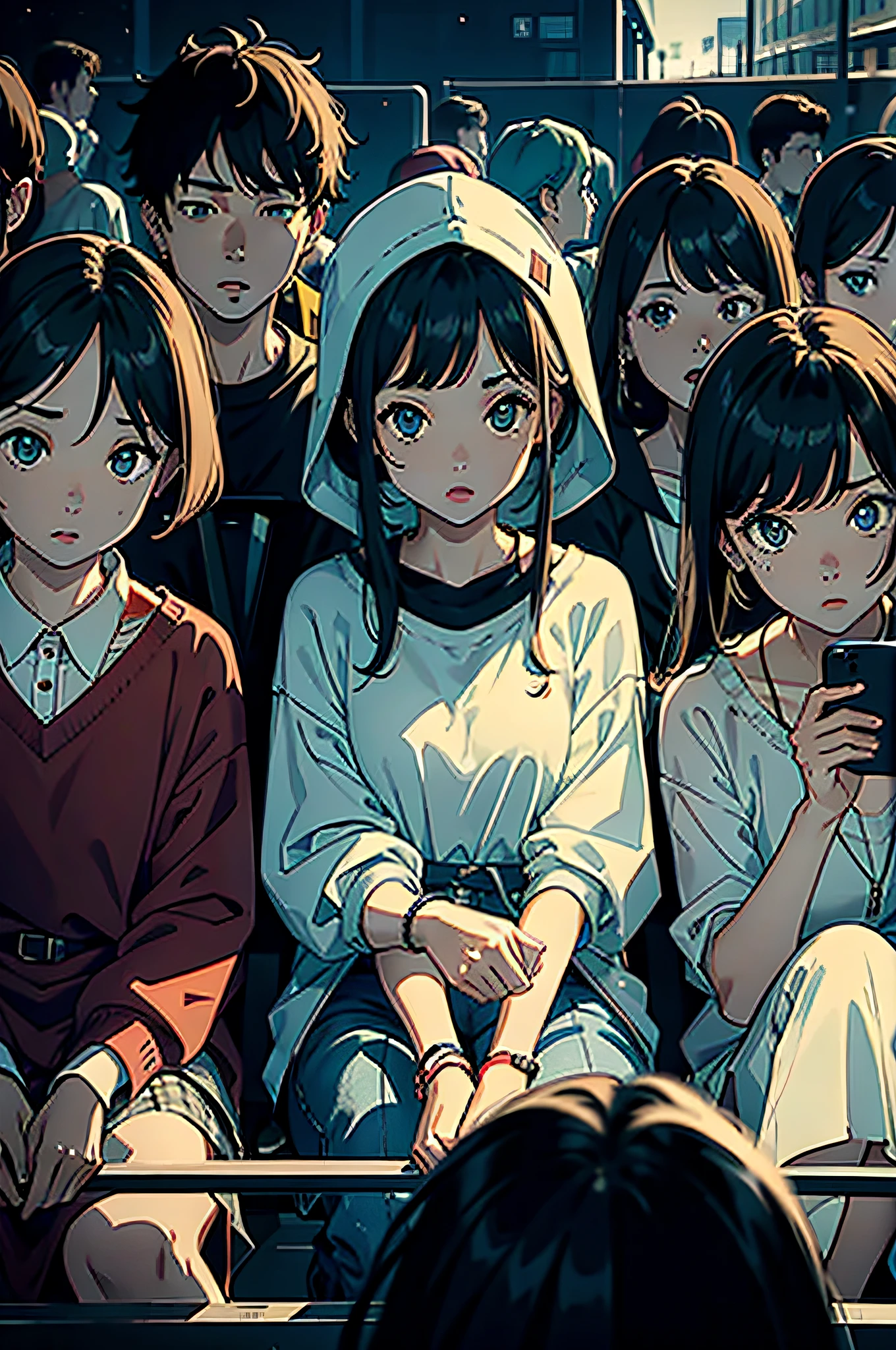 A group of spectators looked at the phone screen with shocked expressions