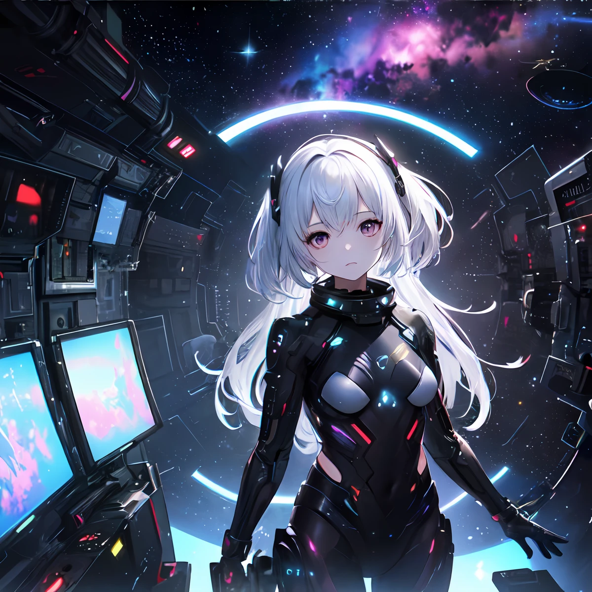 (masterpiece、top-quality、top-quality、Official art、ighly detailed、Beautifully Aesthetic:1.2)、(1girl in),cosmic space、cyberpunked、Future Space Combat Suits、((nebulas))、Delicate Light、Intuitive、Precise focus、cinema4d、Dramatic、