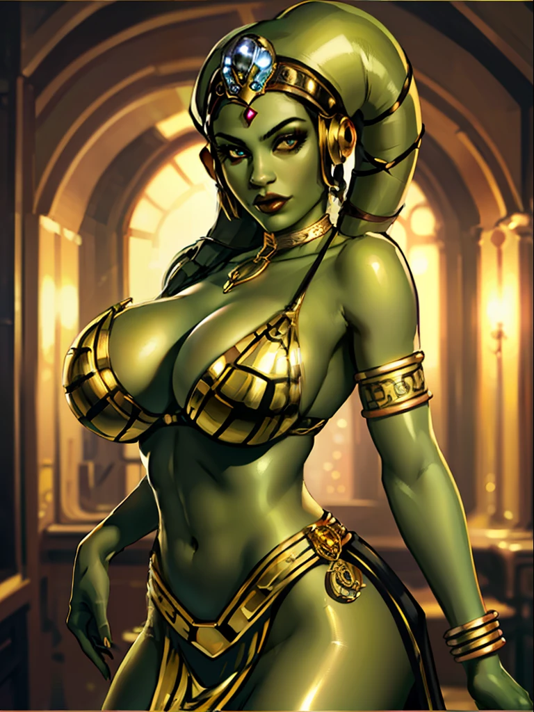 (best quality, masterpiece, highly detailed), 1girl, (green skin), sexy busty Twi'lek, large breasts, cleavage, gold and black bikini, gold, ornate metal bra, metal lace, gemstones, jewelry, long skirts, armlets, pelvic curtain, Star Wars, lekku stripes