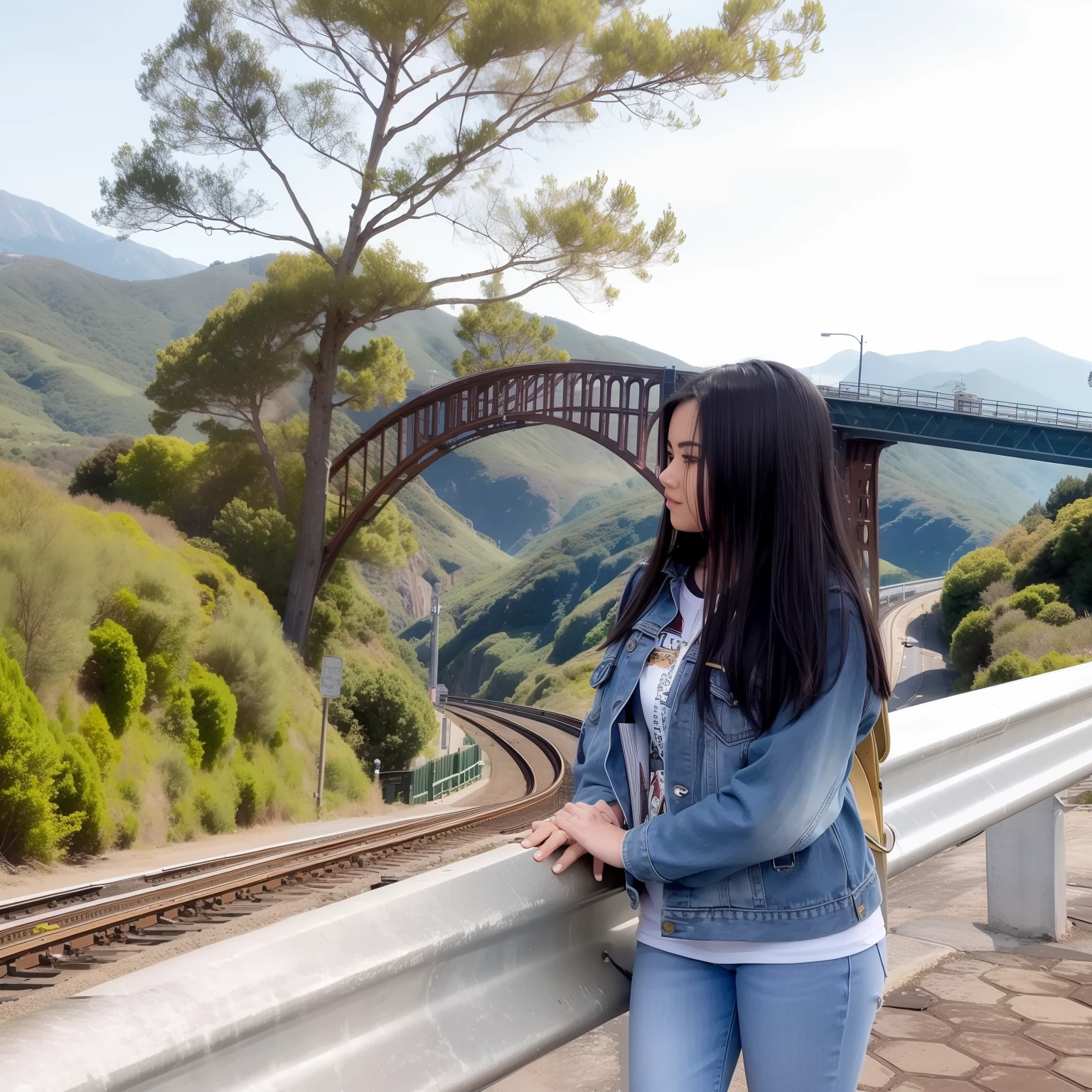 golden gates bridge, with long train tracks, mountain view