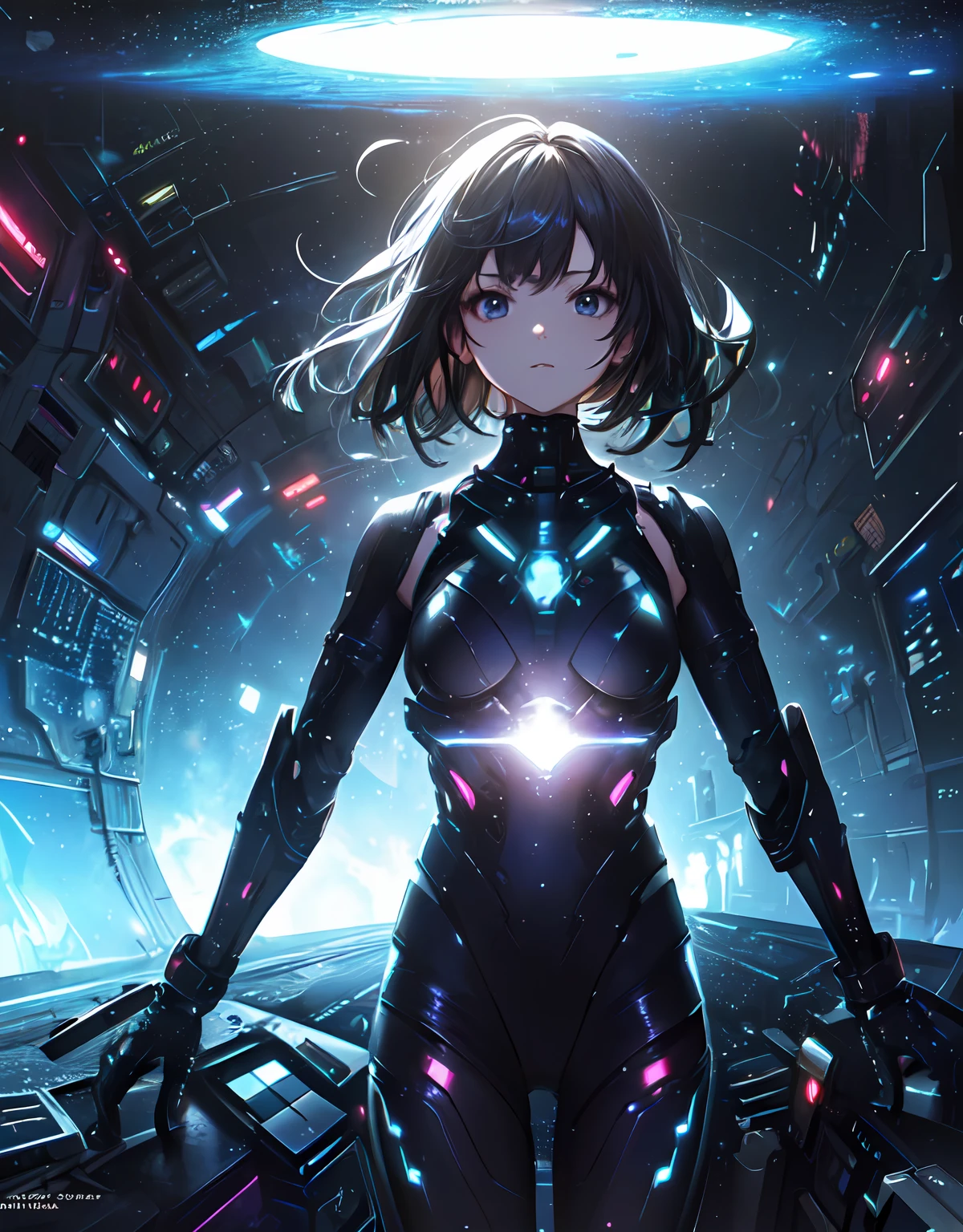 (masterpiece、top-quality、top-quality、Official art、ighly detailed、Beautifully Aesthetic:1.2)、(1girl in),cosmic space、cyberpunked、Future Space Combat Suits、((nebulas))、Delicate Light、Intuitive、Precise focus、cinema4d、Dramatic、