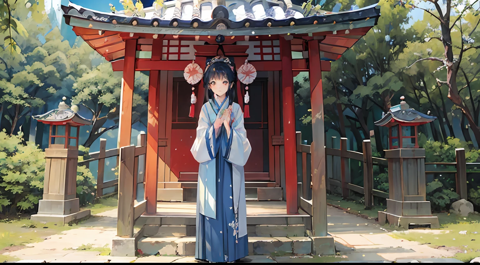 A shrine surrounded by the beautiful scenery of the Japan。Blue around々and trees々is standing side by side。
In the center of the worship hall、Girls in cute kimono put their hands together、I pray deeply and wholeheartedly.