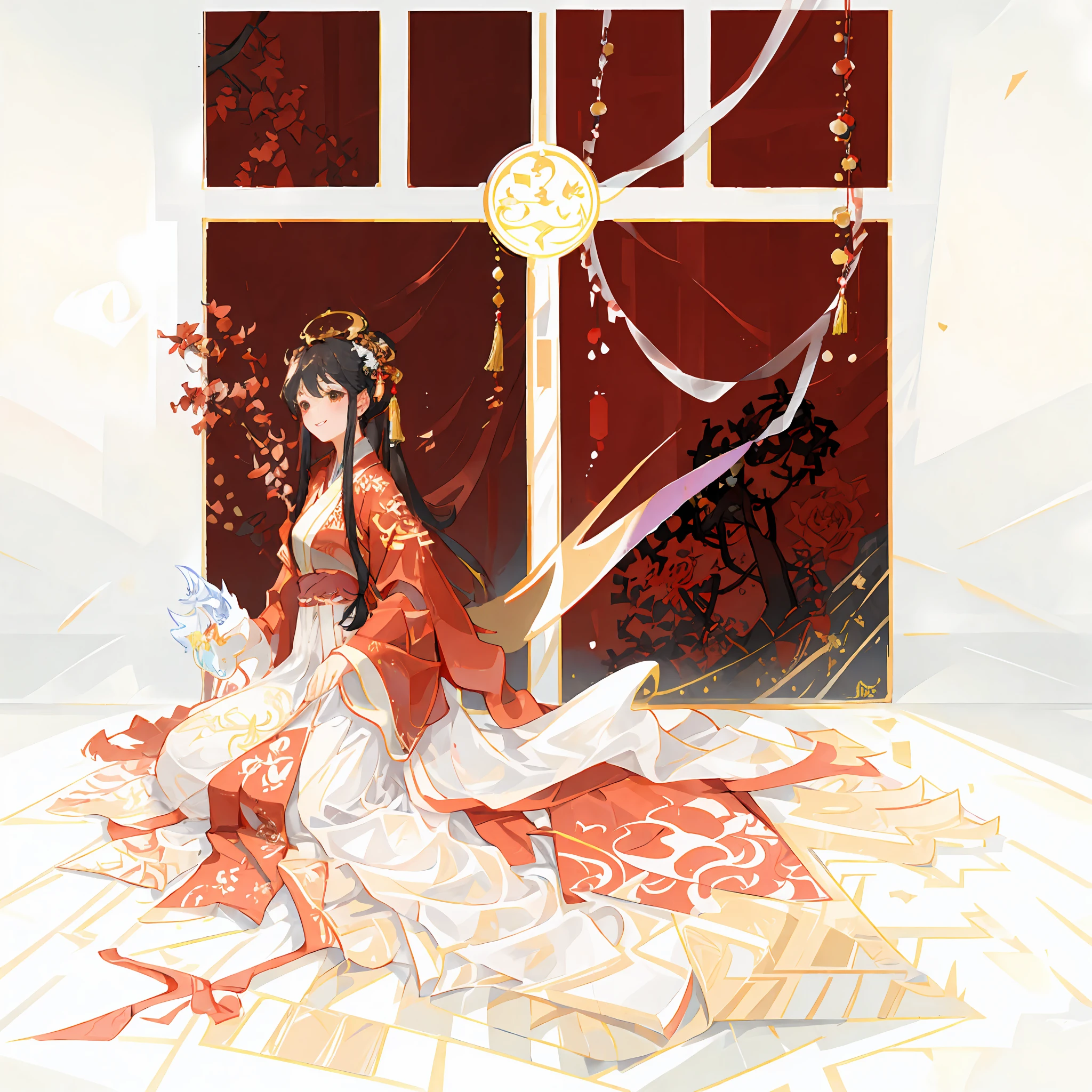 offcial art, Unified 8K wallpapers, Ultra detailed, Beautiful and aesthetic, Masterpiece, Best quality, (zentangle, Tangled, entangle), (Fractal art: 1.4),(( 1girll)), Long hair, Chinese, Short skirt, Very detailed, Dynamic Angle, (most beautiful form chaos), Flowing, (Bright colors), overclocking, (Half: 1.2), China, (thangka flying sky: 1.5), (ribbon: 1.3), (Dream: 1.5), (Hanfu: 1.5), Chinese Dragon, Chinese Phoenix, (Smile: 0.5), (chinese deity),Anime style,Pisif,Red,Red tone,Robe,hide hand