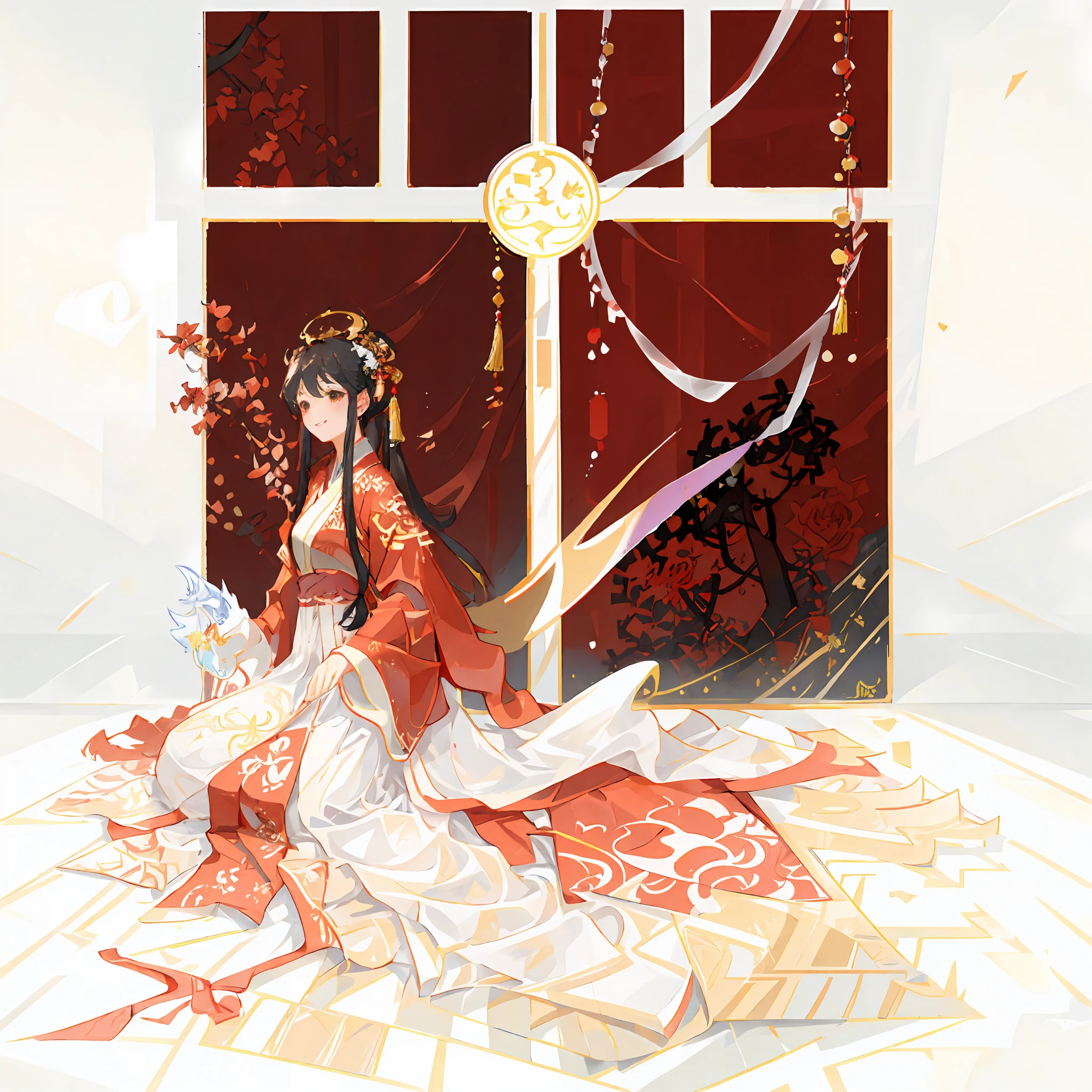 offcial art, Unified 8K wallpapers, Ultra detailed, Beautiful and aesthetic, Masterpiece, Best quality, (zentangle, Tangled, entangle), (Fractal art: 1.4),(( 1girll)), Long hair, Chinese, Short skirt, Very detailed, Dynamic Angle, (most beautiful form chaos), Flowing, (Bright colors), overclocking, (Half: 1.2), China, (thangka flying sky: 1.5), (ribbon: 1.3), (Dream: 1.5), (Hanfu: 1.5), Chinese Dragon, Chinese Phoenix, (Smile: 0.5), (chinese deity),Anime style,Pisif,Red,Red tone,Robe,hide hand