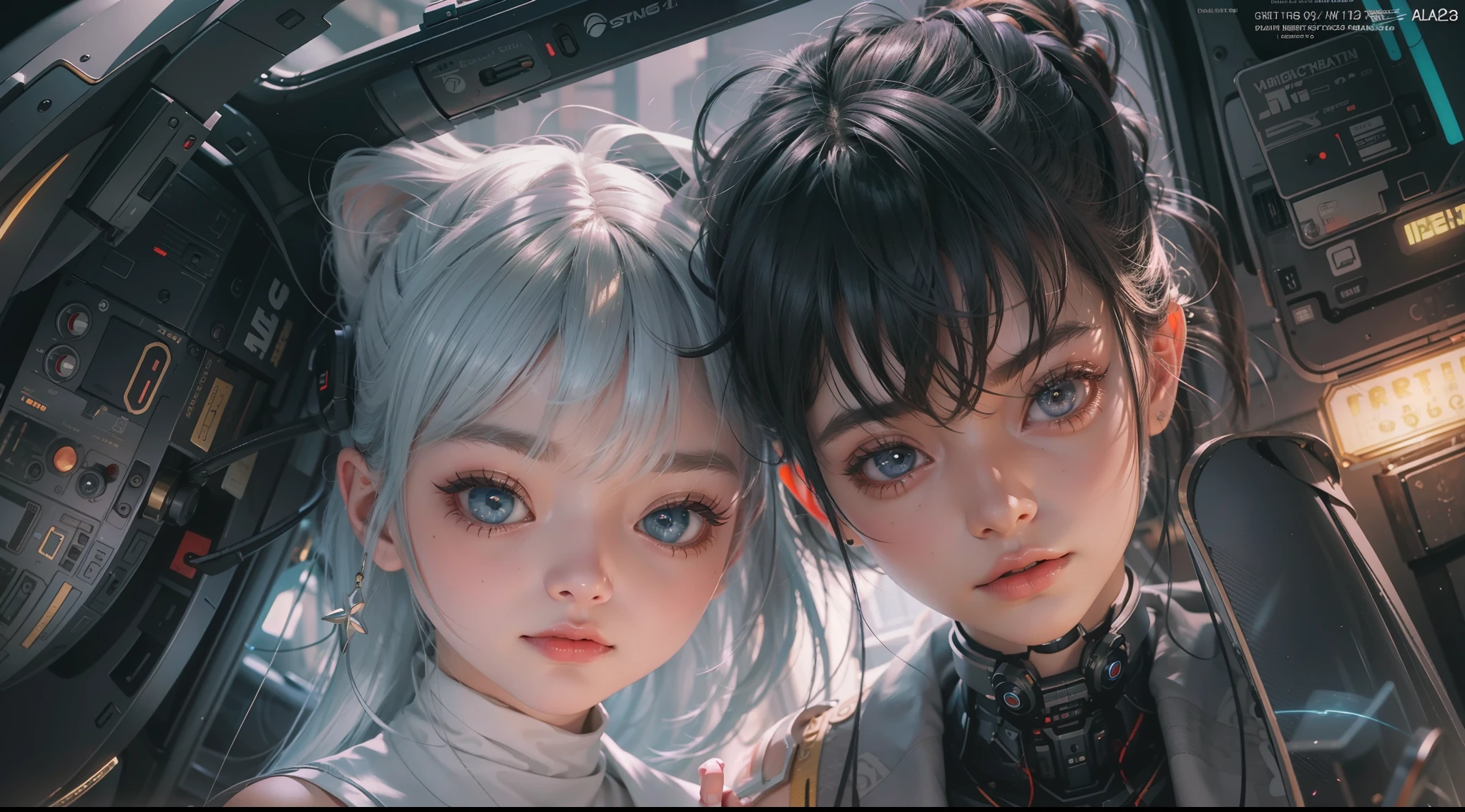 （best qualtiy，ultra - detailed，Best Illustration，Best shadow，masterpiece，A high resolution，professionalartwork，famous artwork），sci-fi，It depicts a young couple wearing colored sclera and a huge alien big cute with robot eyes， by Makoto Shinkai，by Artgerm，by wlop，by Greg Rutkowski，Volumetric lighting，octane render，4K，Trending on ArtStation，masterpiece