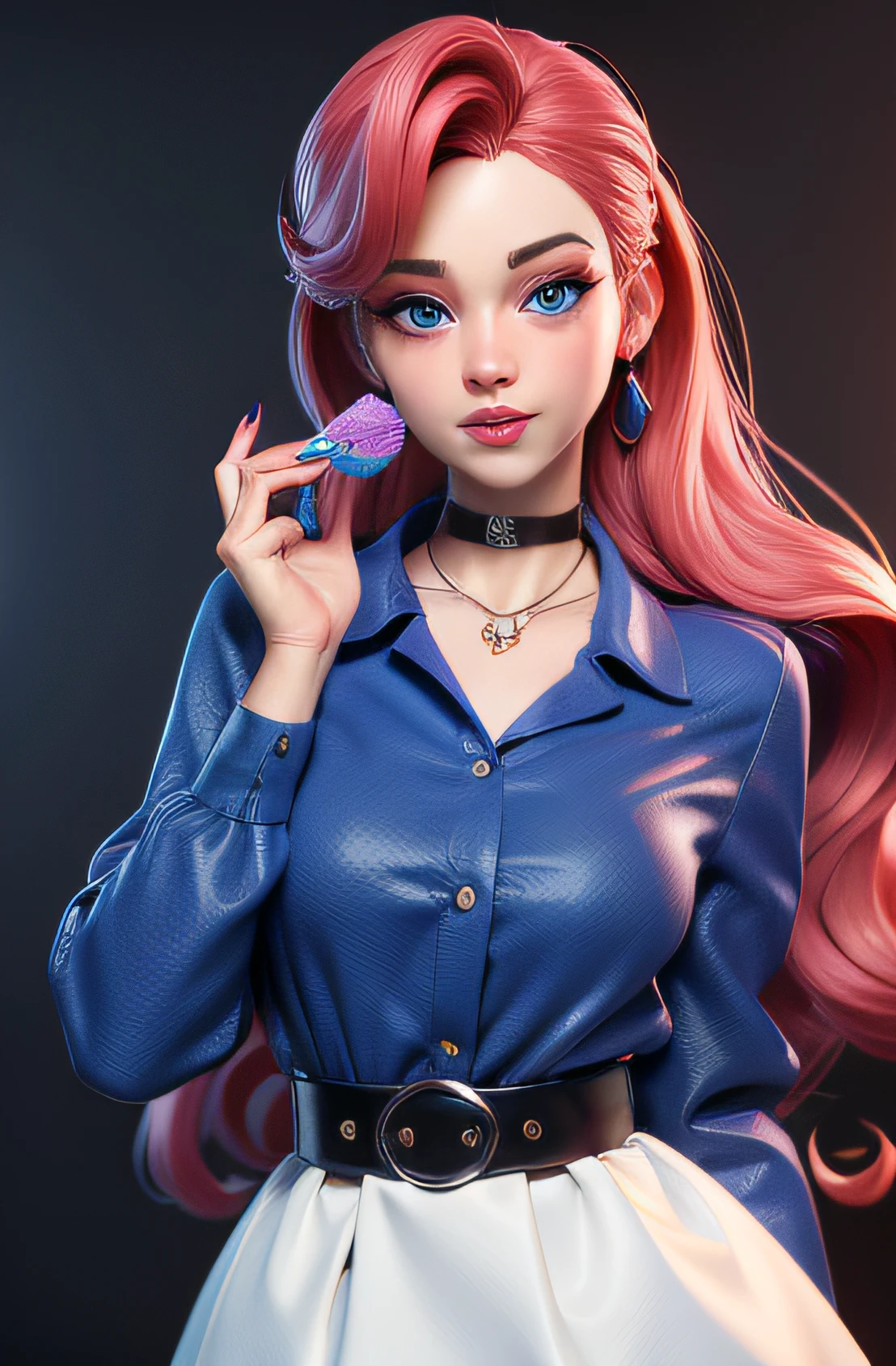 tmasterpiece, best qualityer, 3D cutting job, 3D  girl MM style, Close-up, sportrait, 3D, 1girll, Solo, whaite hair, Long hair, choker necklace, freckle, jewely, Look positively, realisticlying, The upper part of the body, simple backgound, rim, looks away, lips parted, blue color eyes , choker necklace, putting makeup on, shift dresses,The girl is eating a snack， Super realistic, pin up