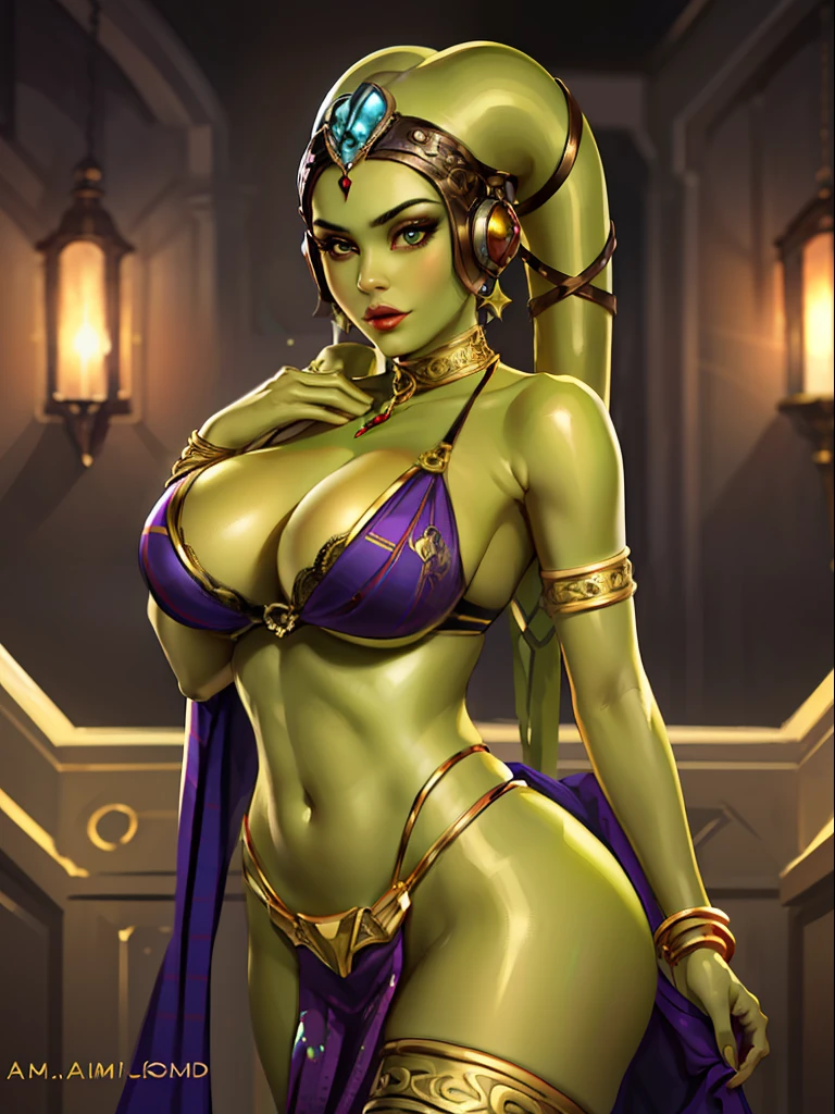 (best quality, masterpiece, highly detailed), 1girl, (green skin), sexy busty Twi'lek, large breasts, cleavage, gold and black bikini, gold, ornate metal bra, metal lace, gemstones, jewelry, long skirts, armlets, pelvic curtain, Star Wars, lekku stripes