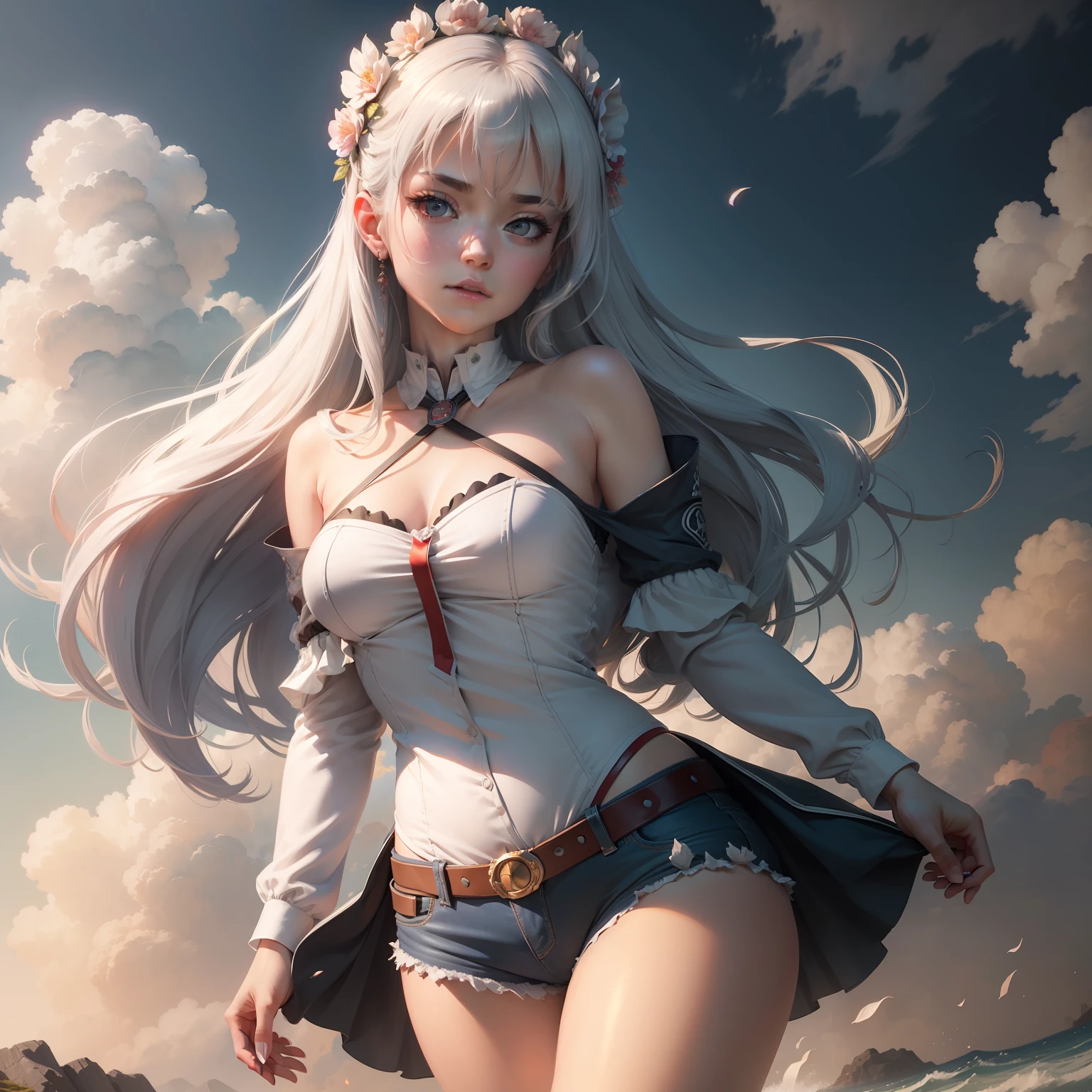 (masterpiece),highest quality, Super detailed CG Unity 8K wallpaper,The most beautiful illustration,A very exquisite and beautiful,floating,High resolution,dynamic angle,Dynamic posture(one-girl),Red eyes,Silvery hair,White shirt,Neck strap,Hot pants,beautiful countenance,clouds,eventide,wide wide shot,Watercolor effect。
