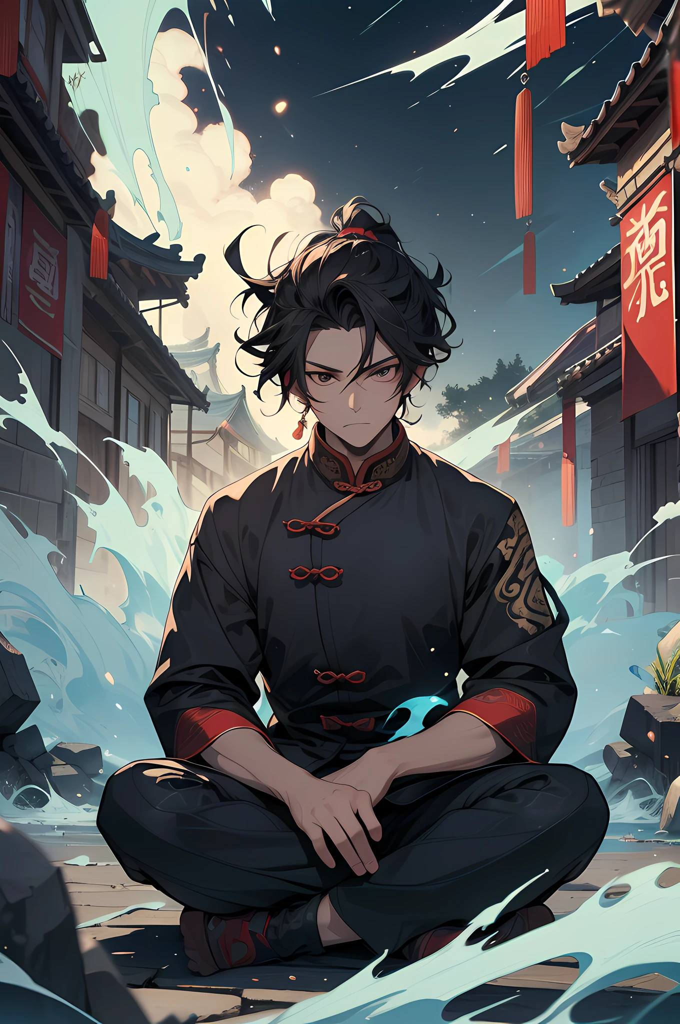of a guy,cabelos preto e longos,Black eyes,Sit cross-legged,ancient wind,ancient chinese background,In a quaint landscape,sit on a bed,It is surrounded by blue streamers,particle fx