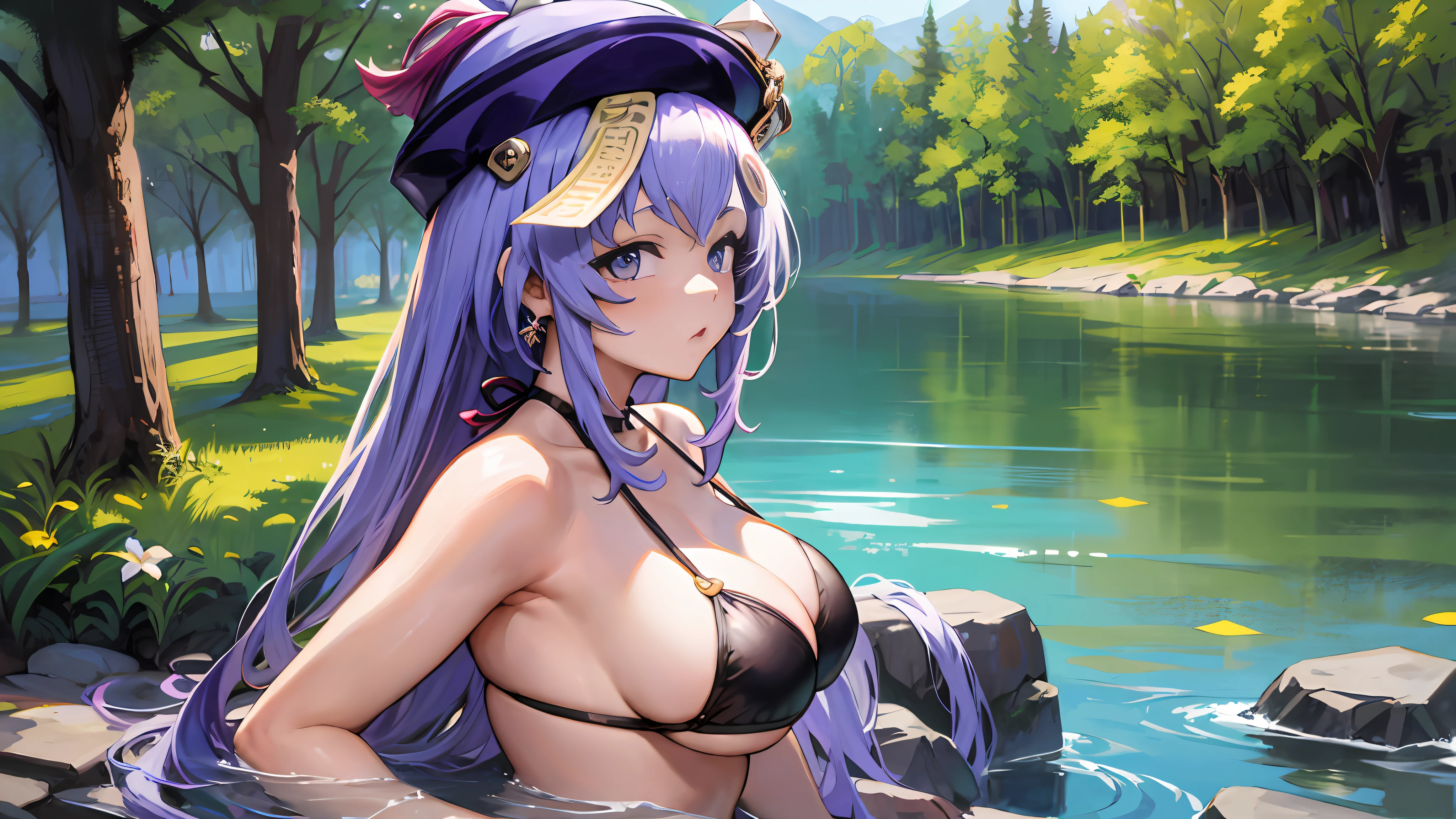 Qiqi Genshin Impact, Iwhole body, (NSTDA.:1.2), (10, beste-Qualit, master-piece: 1.4), ultra-high resolution, (lifelike, photorealistic portrait: 1.48), age, Cute Girl, (Look neatly through the bikini:1.11), Famous Japanese actors, Beautiful breasts, Blue Eyes, Head tilt, cowboy shot, from the side, looking at the audience, expressionless, Beautiful lake, Zeiss 150mm F/ 2.8 Hasselblad, Whole body, foot, Ultra-Wide Angle