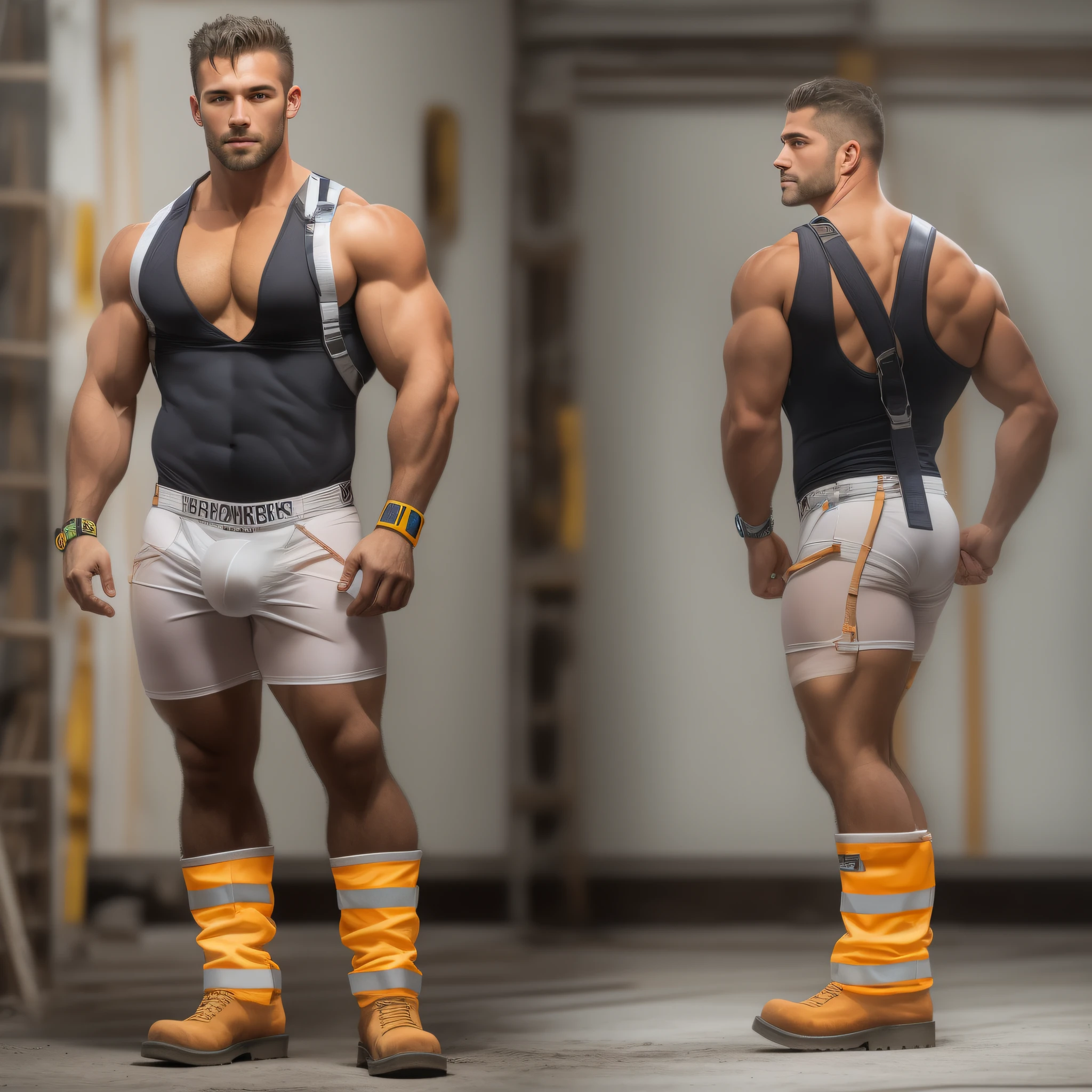 A naked handsome rugged and fit construction worker in a white jockstrap, with a toned physique wearing a vibrant high visibility armband, and sturdy boots, captured in a striking full-body shot from a low angle.