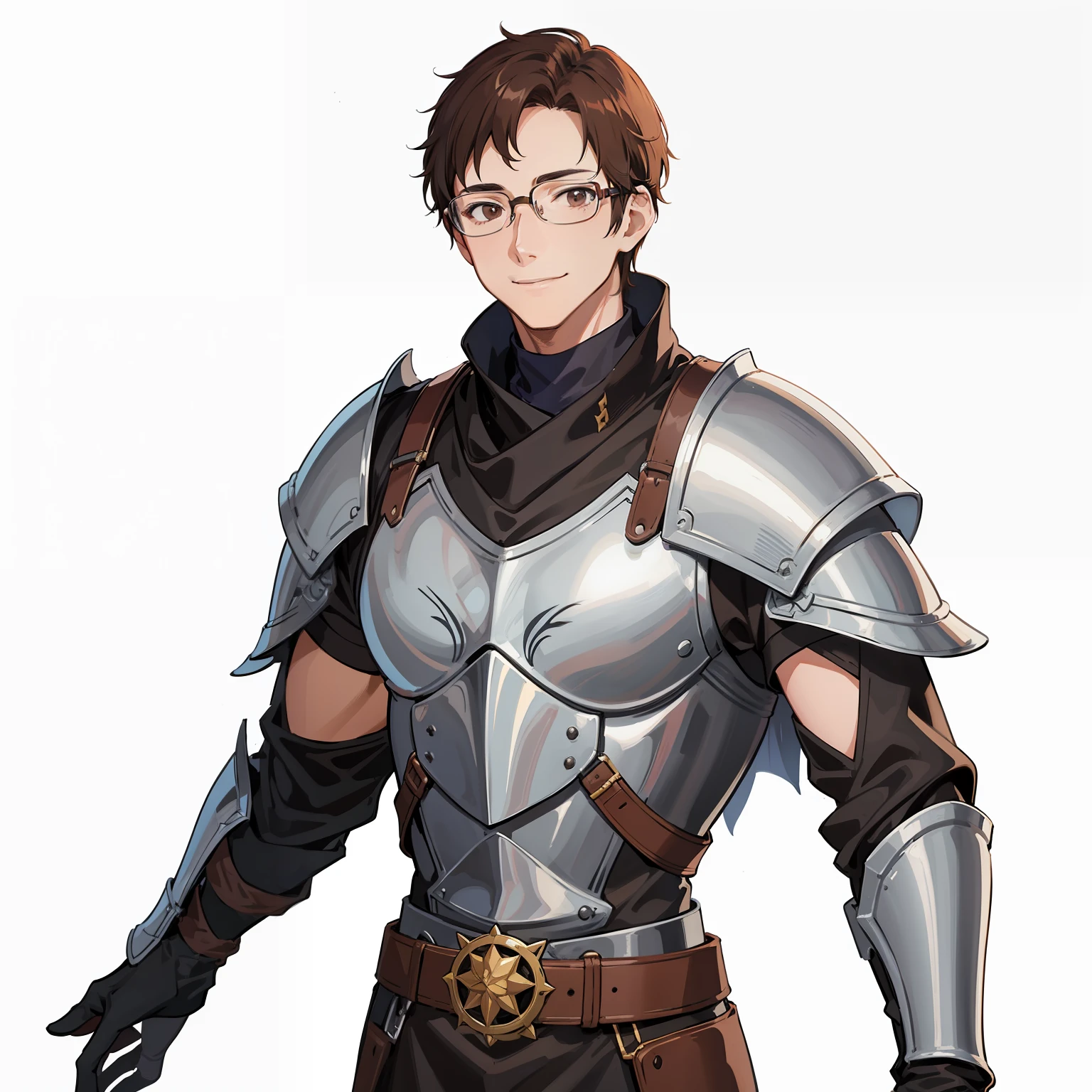 Screenshot of Anime Brown-haired short-haired bespectacled man in medieval European knightly costume stands looking at us with a very big smile。The body shape is thin。Fine line art 2020s anime