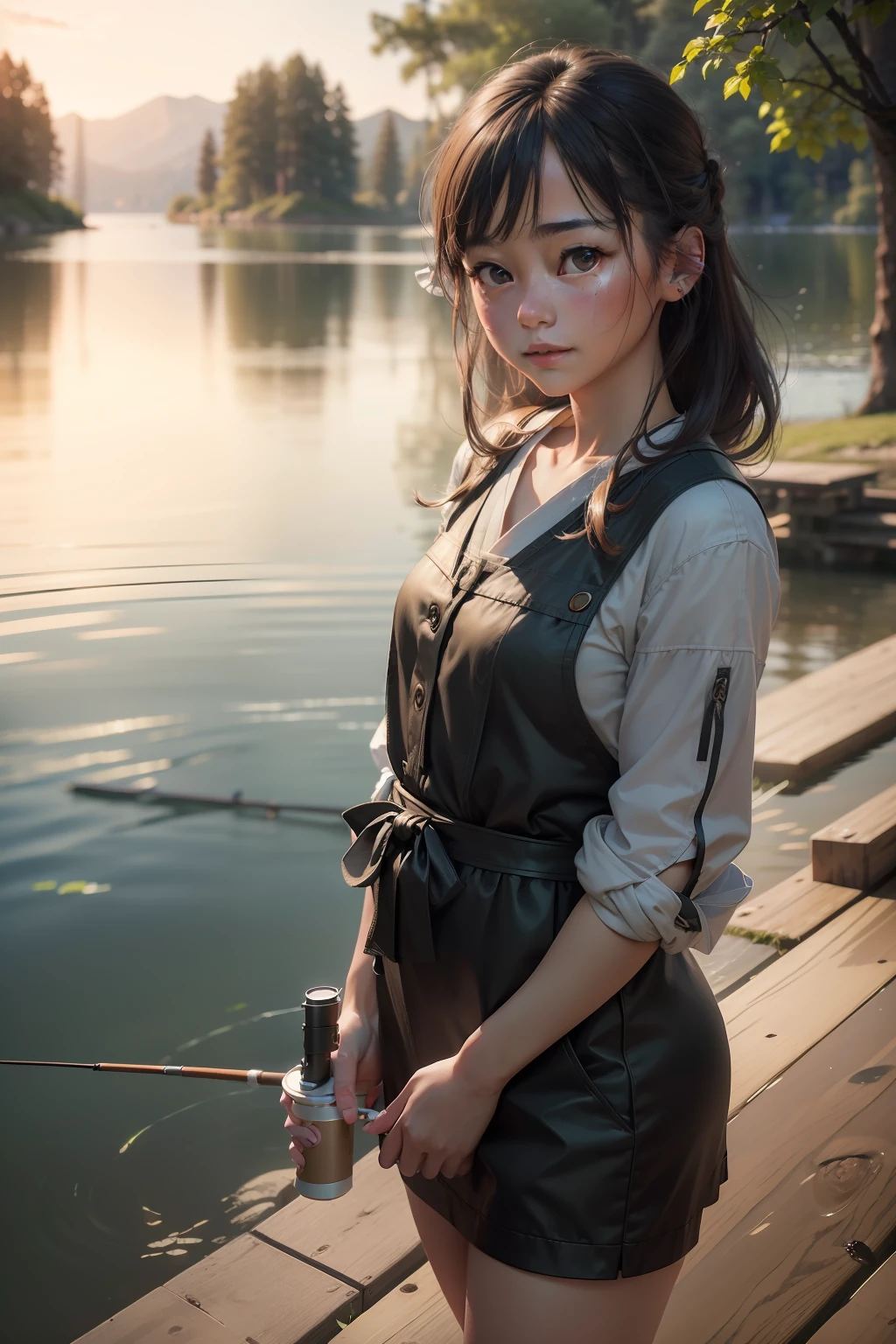 (8k, RAW photo, best quality, masterpiece:1.2), (realistic, photo-realistic:1.4), (extremely detailed CG unity 8k wallpaper),1girl,Japanese,kawaii,cute,looking at viewer,standing lakeside,fishing blackbass