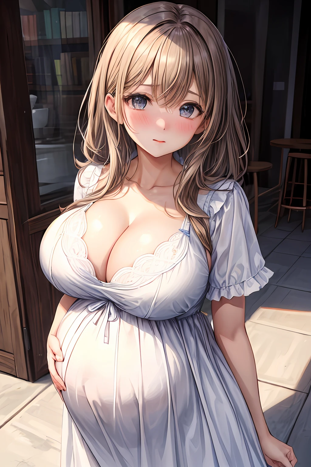 1girl, solo, pregnant, white dress, cleavage, medium breasts, standing, lace trim, nose blush, big round eyes, absurdres, loli oppai, (beautiful oppai, high quality oppai, ultra detailed oppai:1.3), breast squeeze,