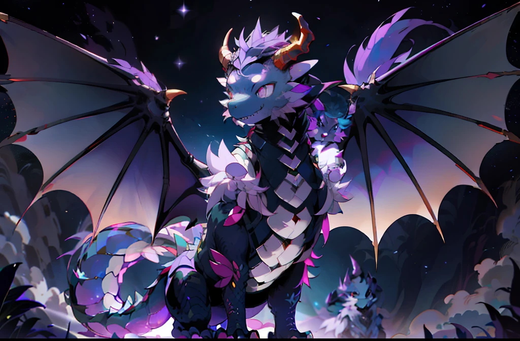 purple and white dragon with wings and a round mirror, as an anthropomorphic dragon, very cute purple dragon, furry fluffy iridescent dragon, anthro dragon art, but as an anthropomorphic dragon, draconic design, epic dragon, draconic, a majestic gothic dragon, commission for high res, dra the dragon, colossal dragon as background