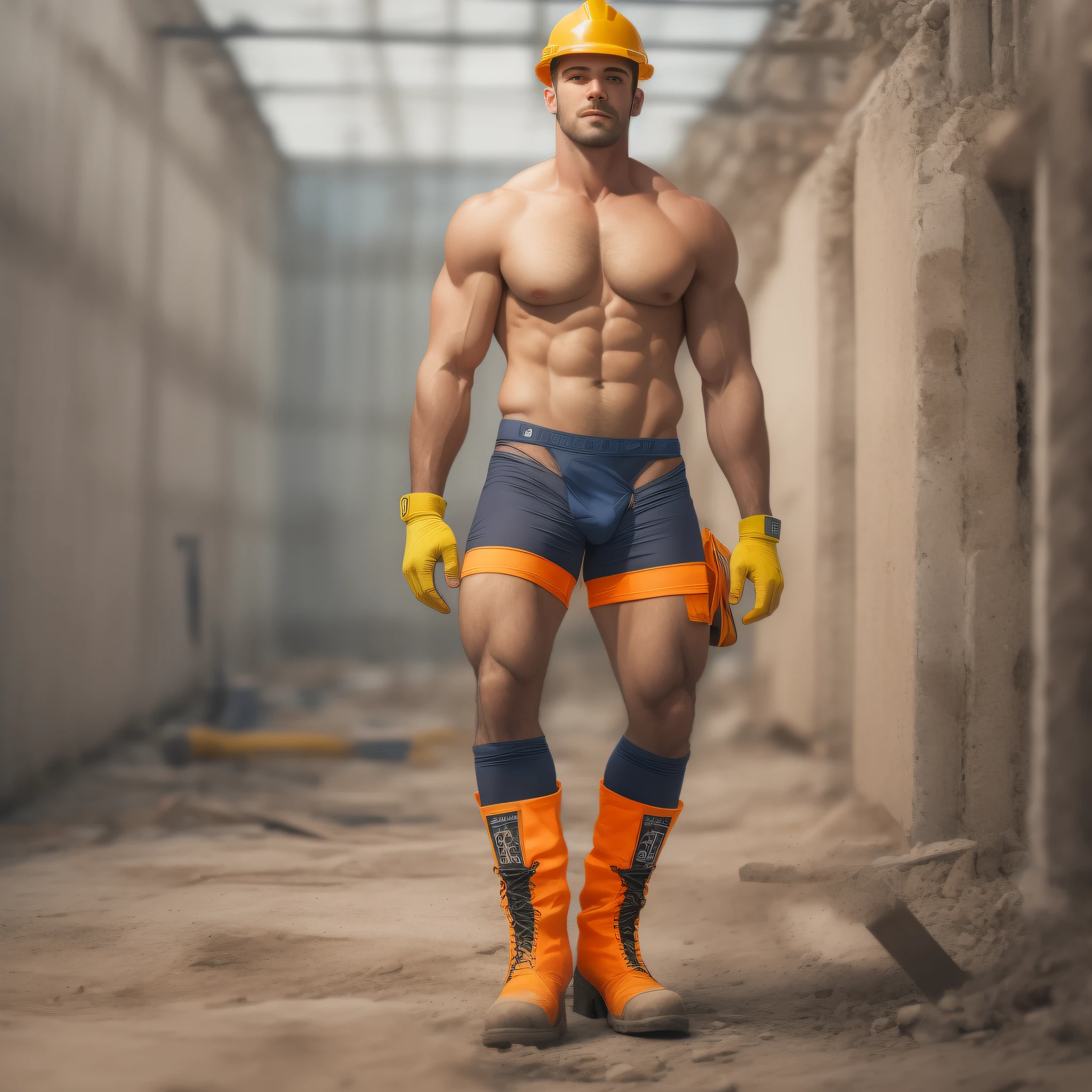 A naked handsome rugged and fit construction worker in a white jockstrap, with a toned physique wearing a vibrant high visibility armband, and sturdy boots, captured in a striking full-body shot from a low angle.