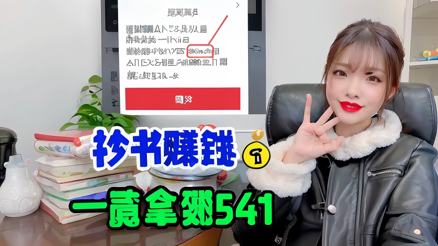 Woman in leather jacket sitting in front of computer，There is Chinese text on it, reluvy5213, 5 4 seconds, youtube thumbnail, Weibo, 🔞🤡, 🚀🌈🤩, Middle metaverse, Chiba Yuda, 4 k post, 4k post, retail price 4 5 0