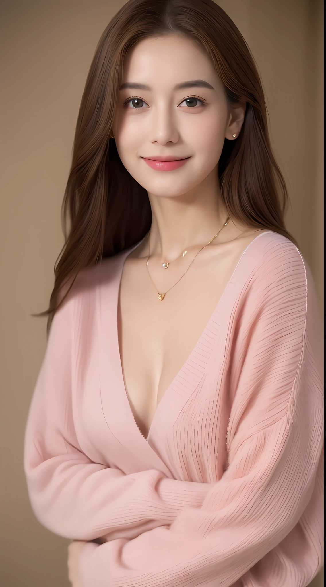 ((ht, Realistic Light, Best Quality, 8K, Masterpiece: 1.3)), 1girl, Slim Beauty: 1.4, Abs: 1.1, (Brown hair, Medium bre.3), Long pink sweater: 1.1, Bathroom, Super fine face, Delicate eyes, Double eyelids, smile, necklace