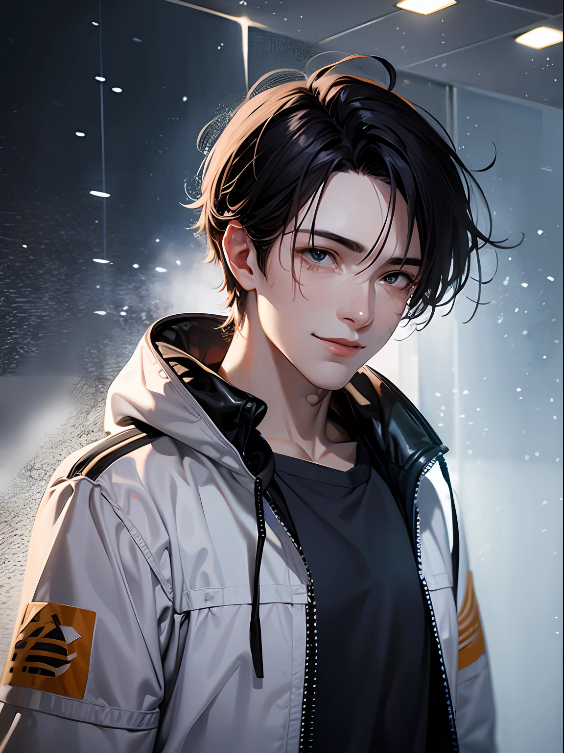 a teenager male, smile and cry, on the top of the building, heavy rain drop down, wet clothes, wet hair, clear face, lonely, eye reflection, streaming tears, panorama, from behind, ray tracing, reflection light, chiaroscuro, cinematic lighting, glowing light, depth of field, close-up, masterpiece, best quality, high details, highres, ccurate, textured skin, high quality, UHD, HD