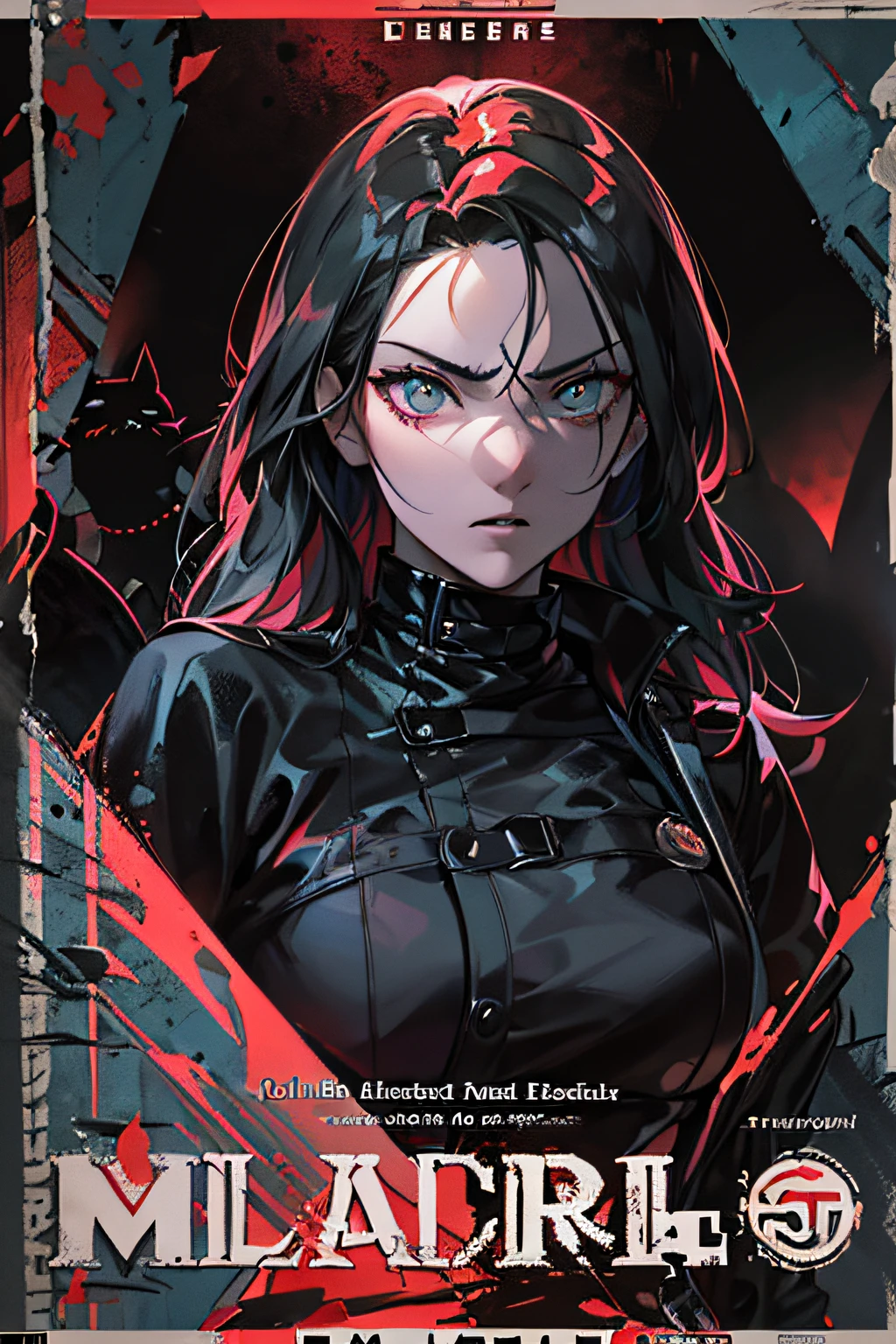 (((dramatic))), (((gritty))), (((intense)))) The movie poster features a young woman as the central character. Black cat anthropomorphic, a pair of black cat ears, she stands confidently in the center of the poster, dressed in fashion-forward clothing with a determined expression on her face. The background is dark and gritty, with a sense of danger and intensity. The text is bold and eye-catching, with catchy slogans that add to the overall drama and excitement. The color palette is dominated by dark colors, dotted with bright colors, giving the poster a dynamic and visual impact, tachi-e (magazine:1.3), (cover-style:1.3), fashionable, woman, vibrant, outfit, posing, front, colorful, dynamic, background, element, confident, expressive, holding, statement, attachment, majestic, coiled, around, touch, scene, text, cover, bold, eye-catching, title, fashion, font, catchy, title, bigger, eye-catching, modern, trendy, focused, stylish,