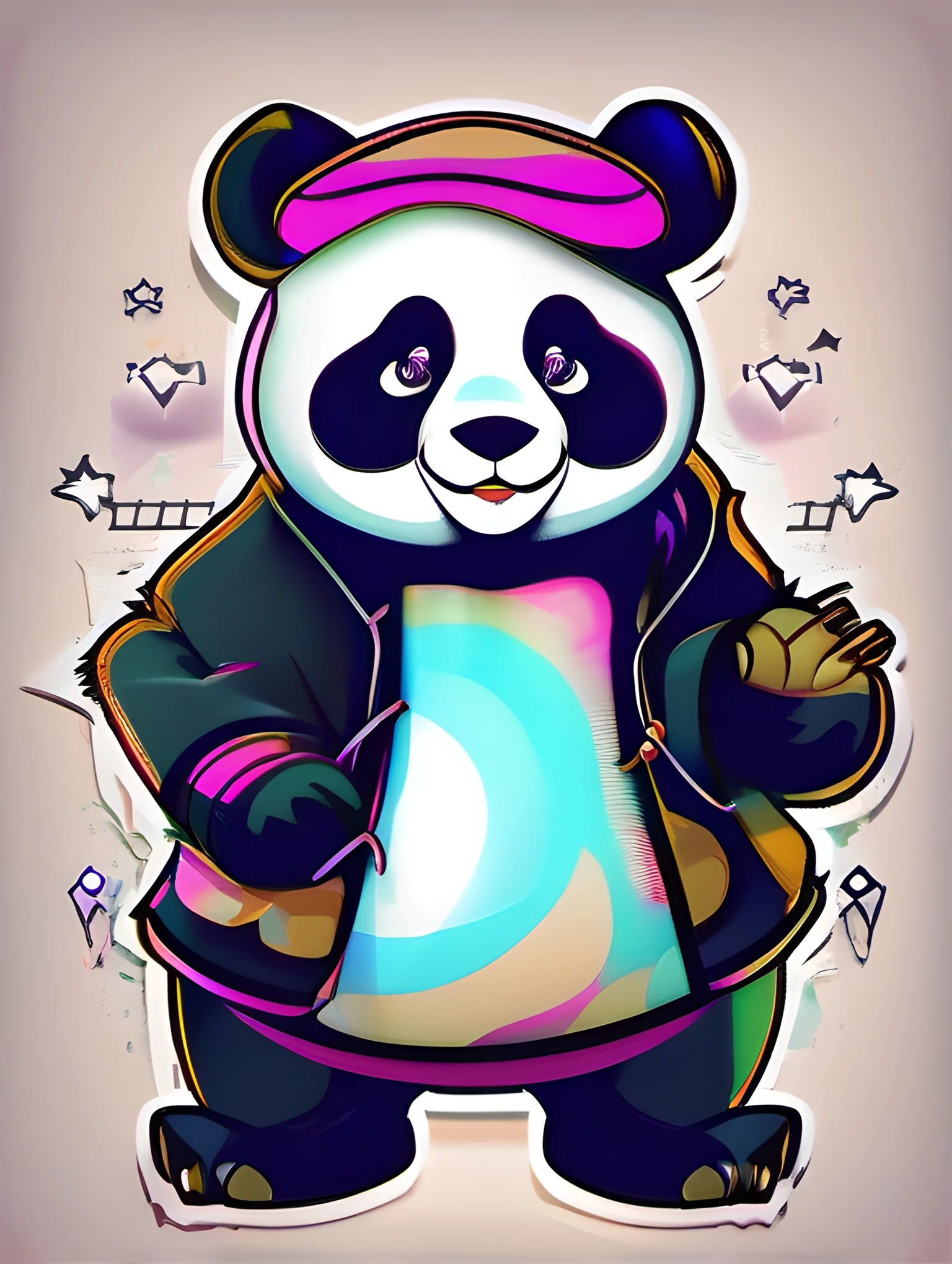 Illustration of panda, cute character, magic, fantasy, clear background, abstract splash background, t-shirt design, vector art